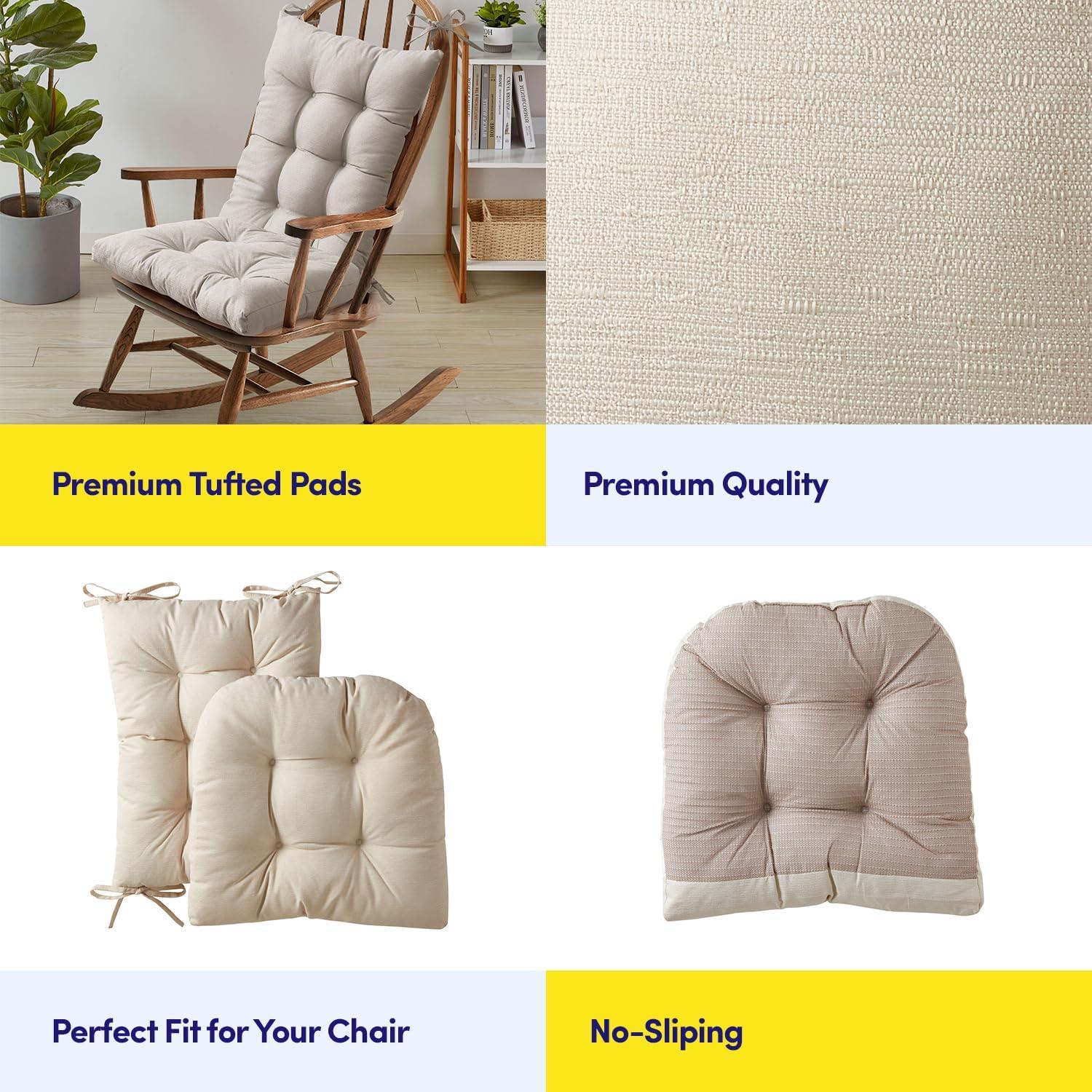 Rocking Chair Cushion 2 Piece Tufted Non Slip Set of Upper and Lower Cushions, Linen