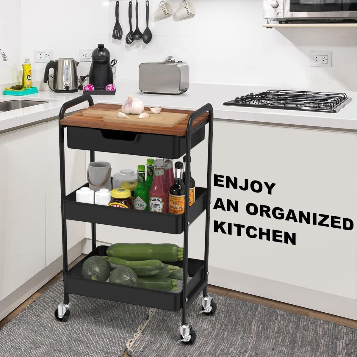 Utility Cart with Wooden Table Top, 3-Tier Metal Rolling Storage Cart, Black Trolley Kitchen Organizer Rolling Desk with Locking Wheels for Office, Classroom, Home