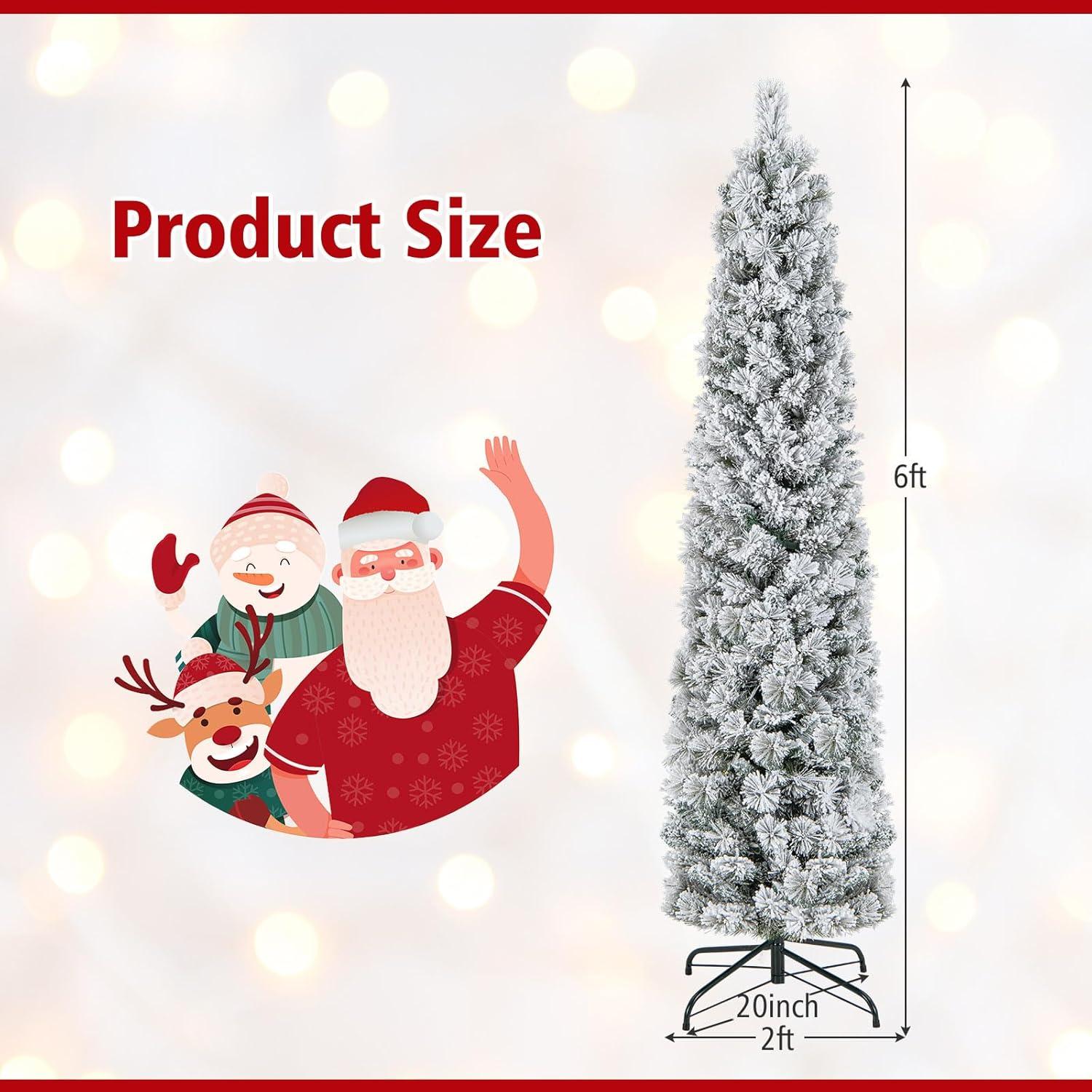 Tangkula 4.5/6/7FT Pre-lit Artificial Christmas Tree Snow-flocked Pencil Xmas Tree with 100/150/210 Warm White Lights 258/373/466 Branch Tips