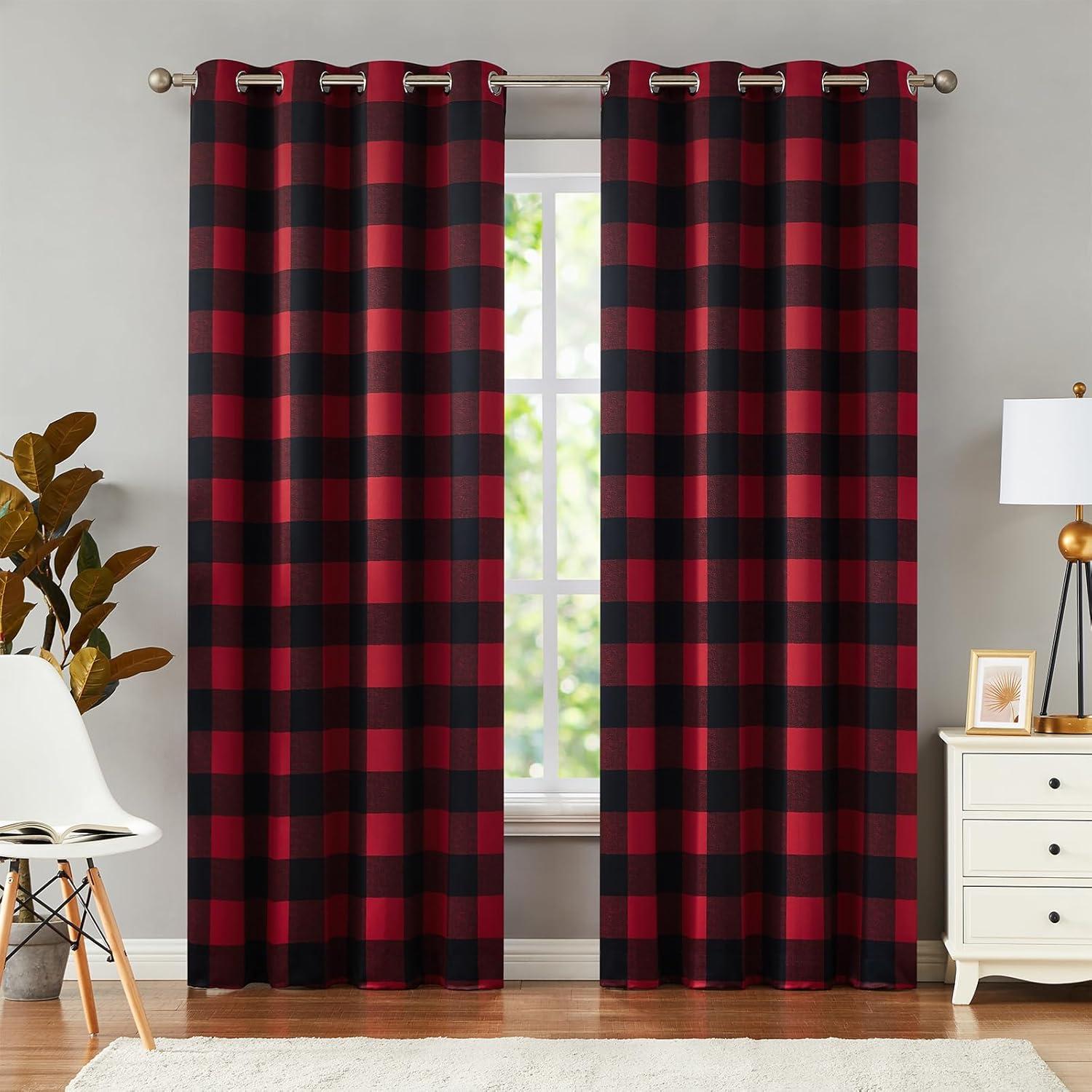 Buffalo Check Plaid Blackout Grommet Curtains, 84" Long, Black Red