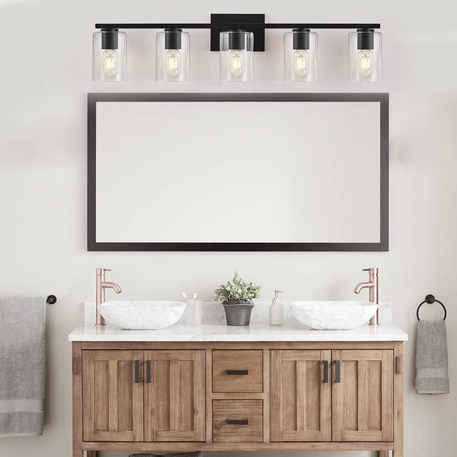 Matte Black 5-Light Bathroom Vanity Fixture with Glass Shades