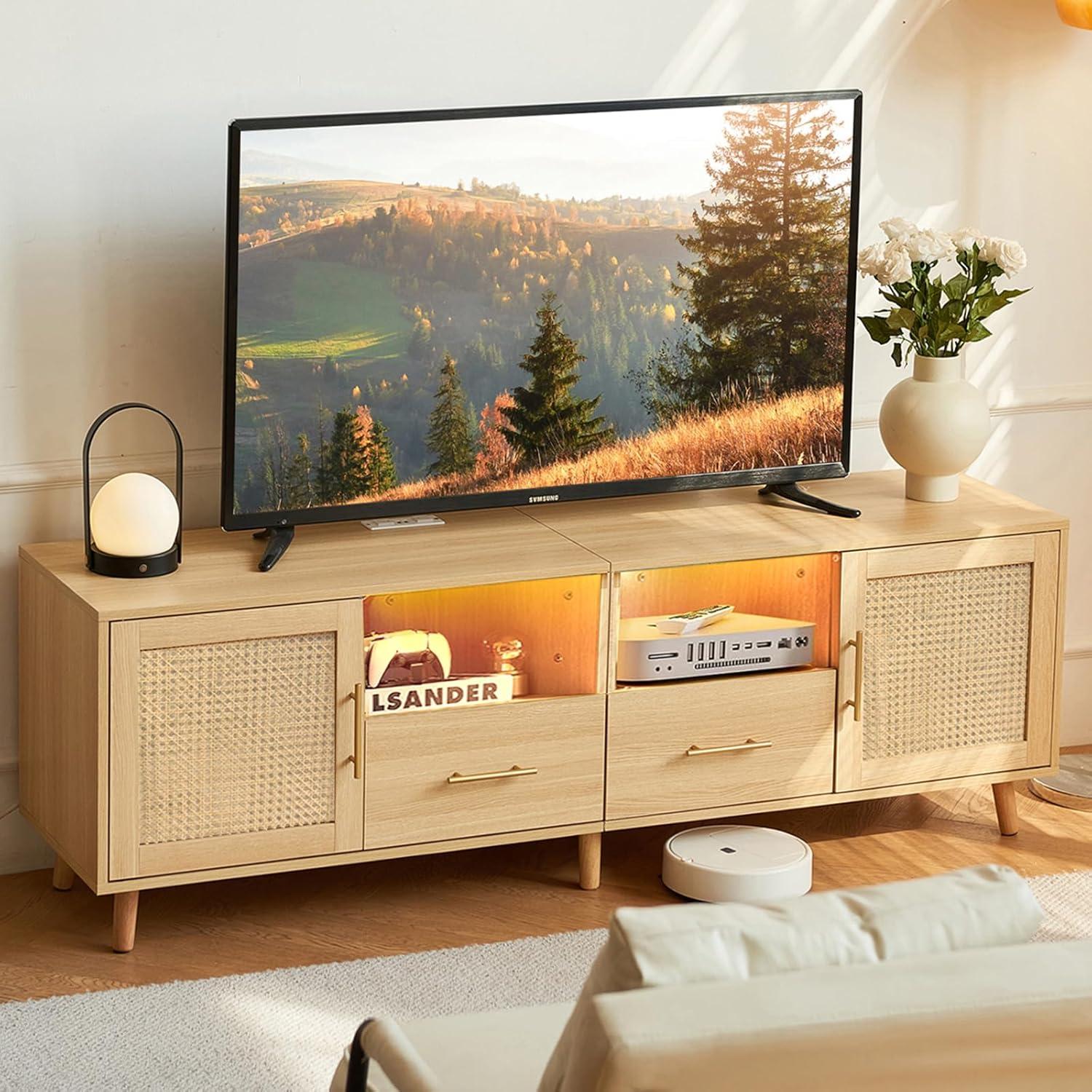 Heyer Large Wood TV Stand for TVs up to 75" with LED Light and Charging Station, Coastal Media Console with Rattan Door, Multimedia Storage Furniture with 2 Drawers  for Gift