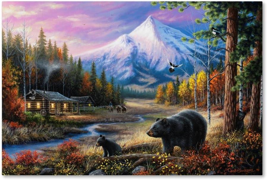 Large Multicolor Canvas Art with Bear and Mountain Scene