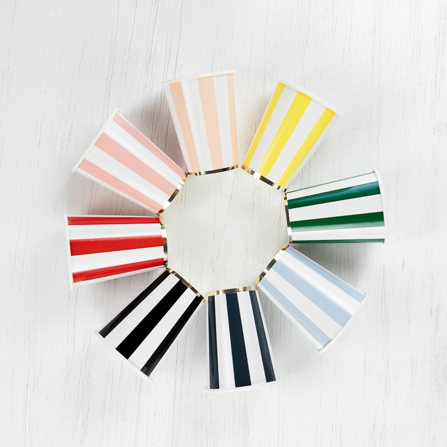Black and White Striped Paper Cups with Gold Trim, 12oz
