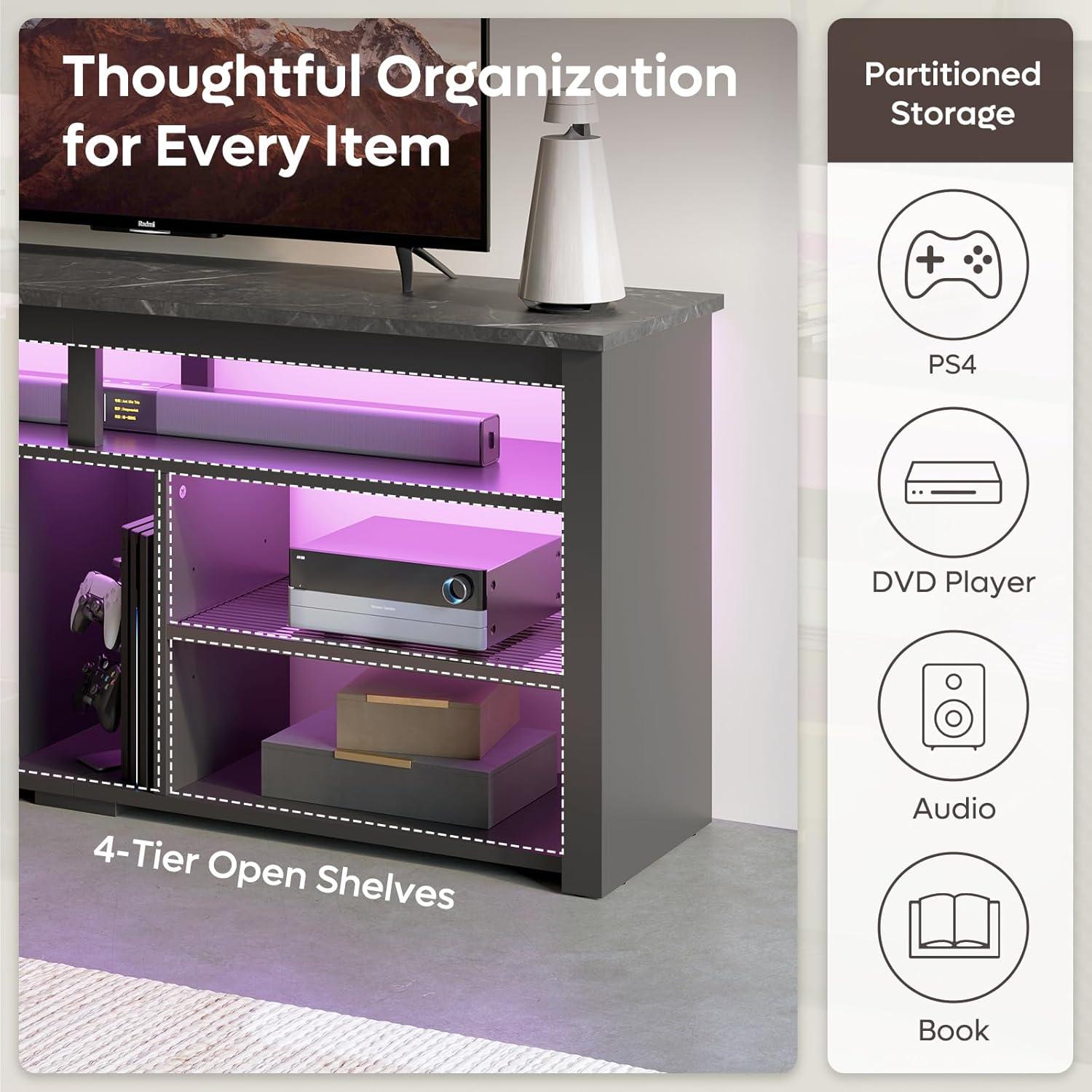 Bestier LED Tall Entertainment Center, 55/60/65 inch TV Stand with Storage for PS5 Xbox, Adjustable Shelf Media Console for Living Room, Black Marble