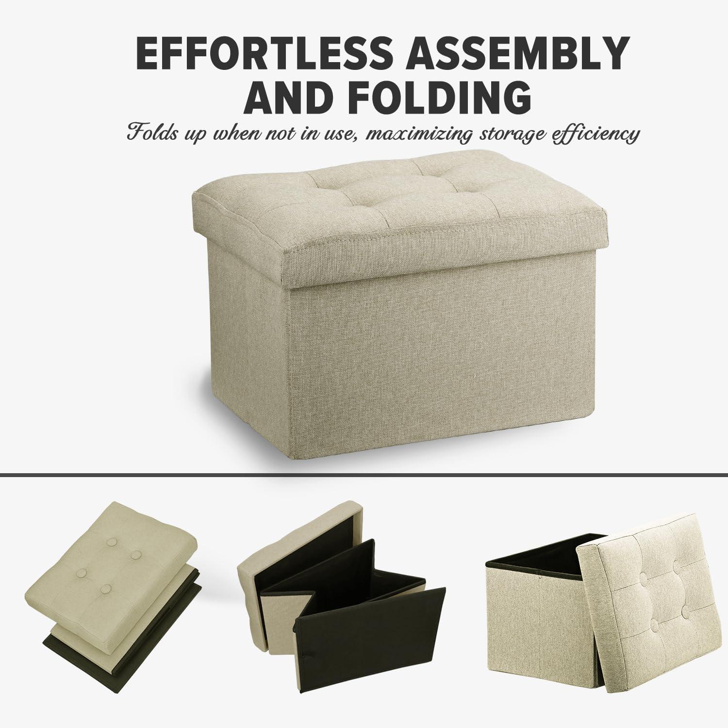 LINMAGCO Small Storage Ottoman Stool - Folding Foot Rest Under Desk Stool - 16X12X12IN Linen Cloth Beigh