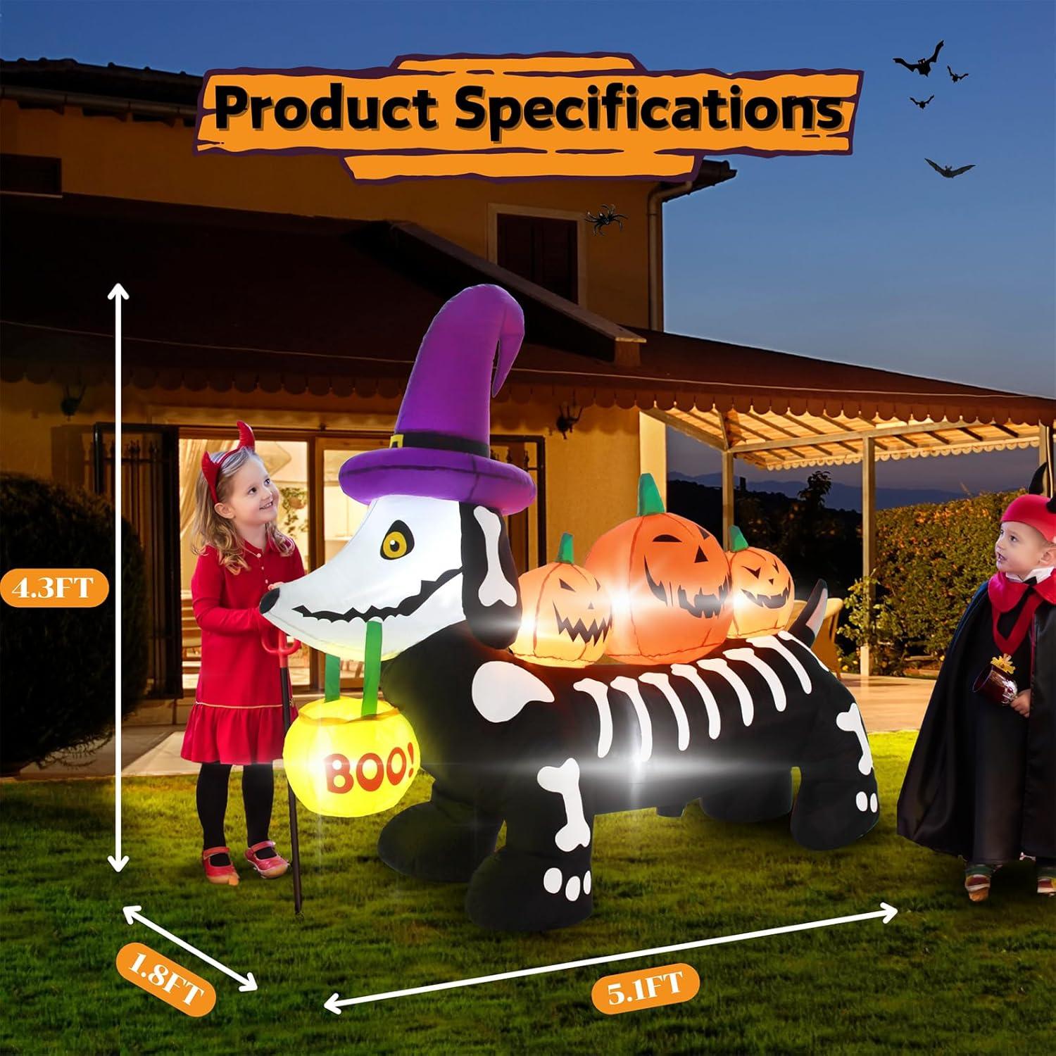 5 FT Halloween Inflatable Skeleton Dog with Pumpkins and LED Lights