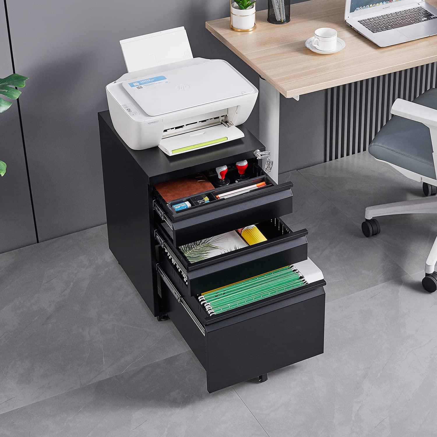 MIIIKO File Cabinet 3 Drawers on Wheels Under Desk, Black Metal Rolling File Cabinets with Lock for Home Office, Un-Assembled Filing Cabinet with Lock