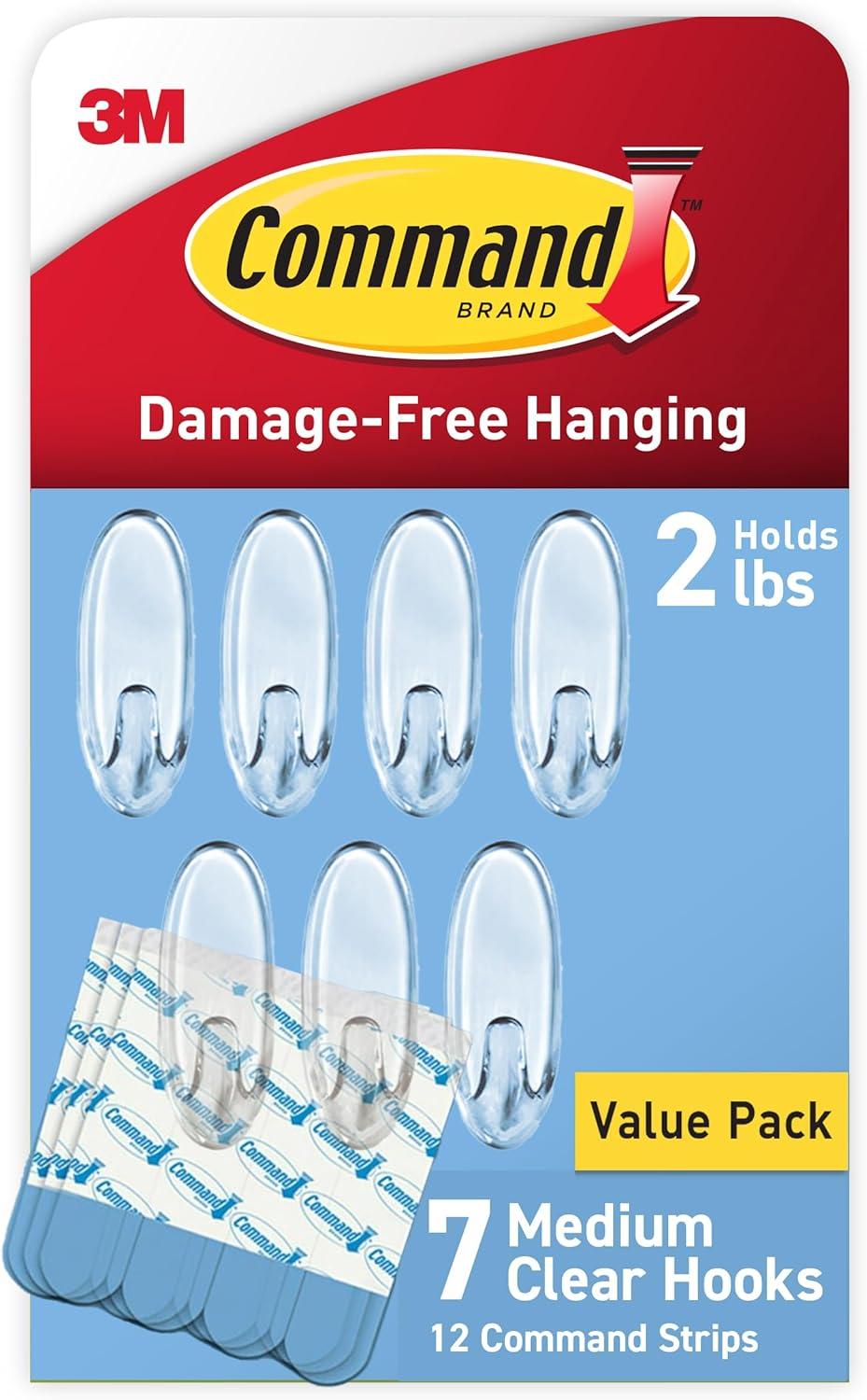 Clear Medium Wall Hooks with Adhesive Strips, 7 Hooks, 12 Strips