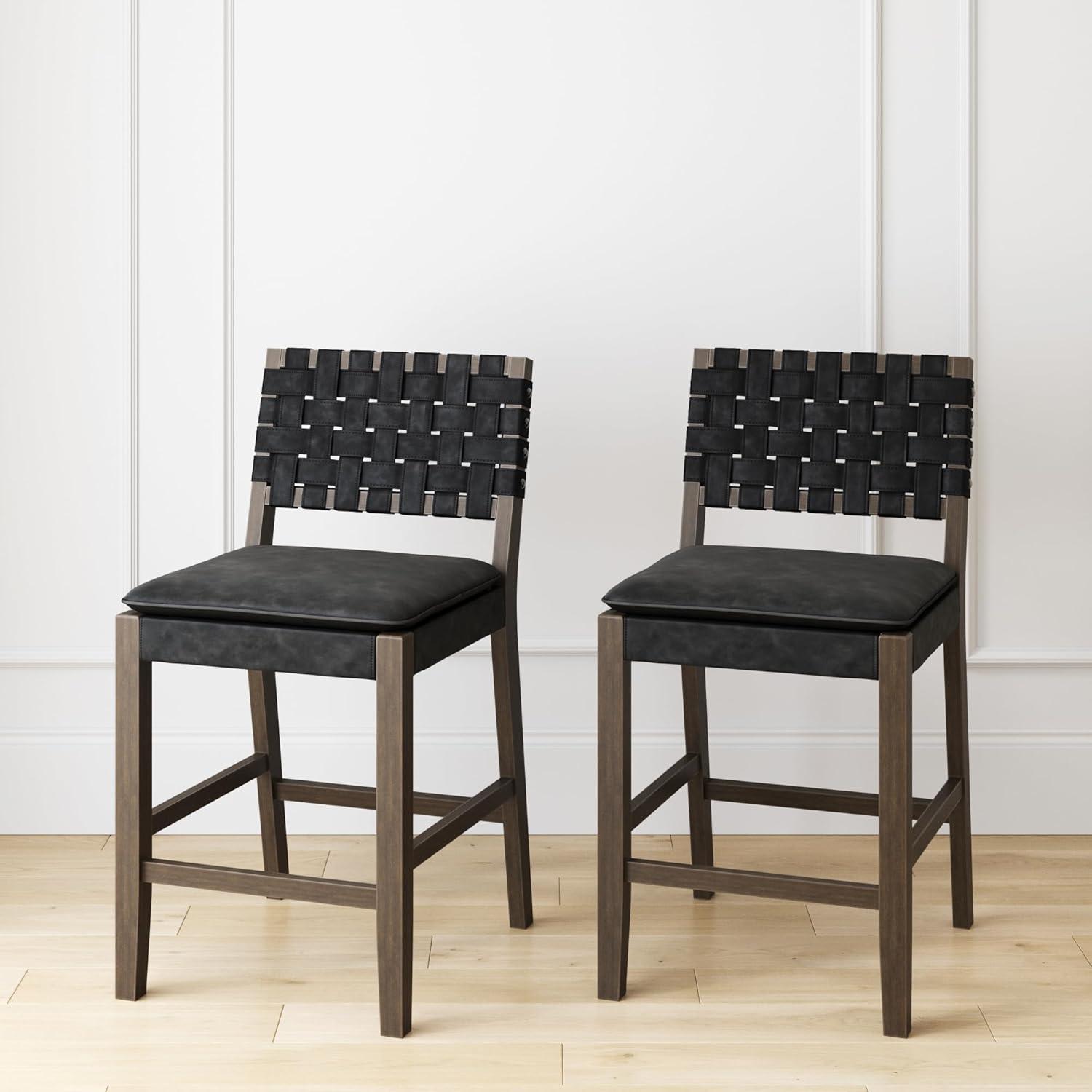 Cohen Black Faux Leather Saddle Counter Stools with Wood Frame, Set of 2