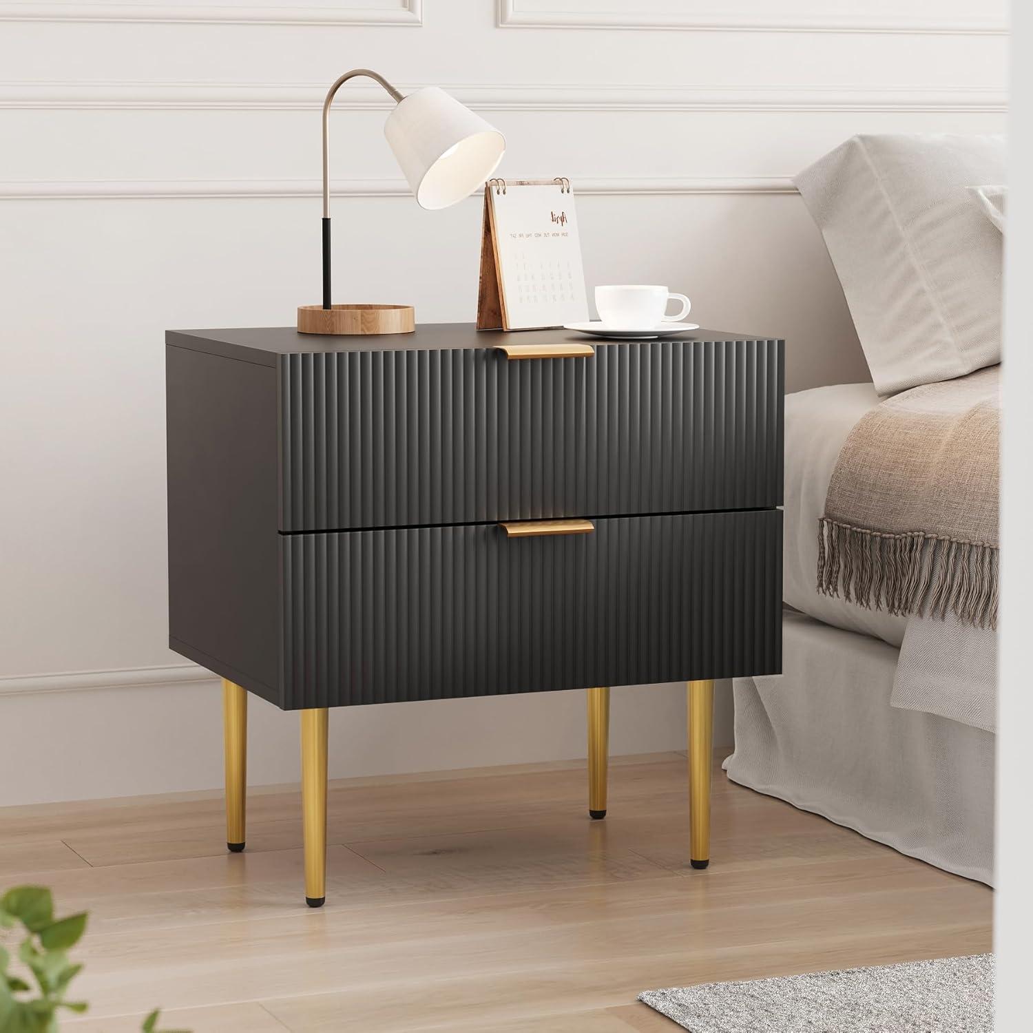 Smuxee Modern Nightstand with 2 Wave Pattern Drawer,End Tables Side Tables for Bedroom,Black