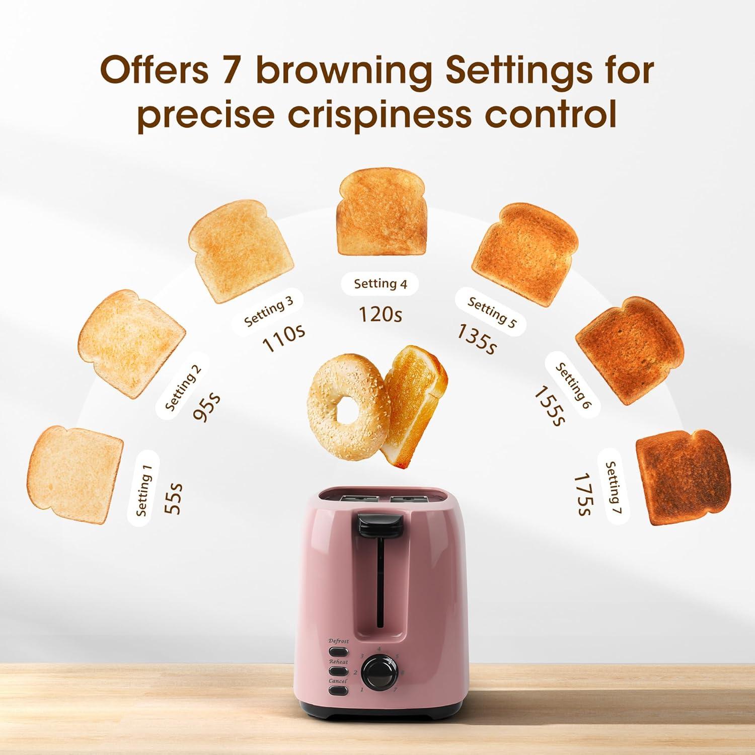 iSiLER 2 Slice Toaster, 1.3 Inches Wide Slot Bagel Toaster with 7 Shade Settings and Double Side Baking, Removable Crumb Tray, Defrost Cancel Function Pink