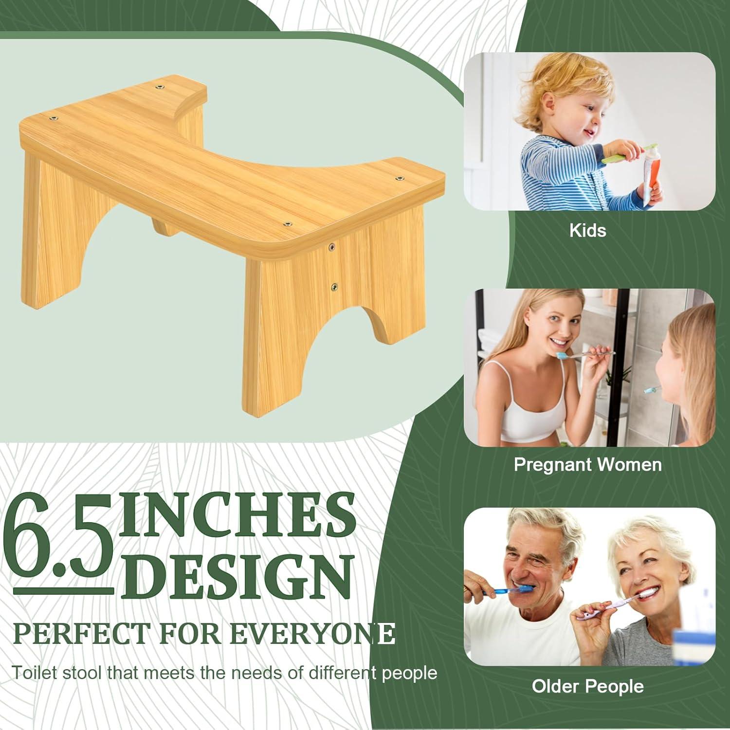 Bamboo Toilet Stool for Adults, 6.5" Toilet Stool Squat Adult Kids, Portable Simple Curve Squat Toilet Potty Stool, Non-Slip Poop Stool for Bathroom, Improve Squatting Posture and Comfort (Wood)