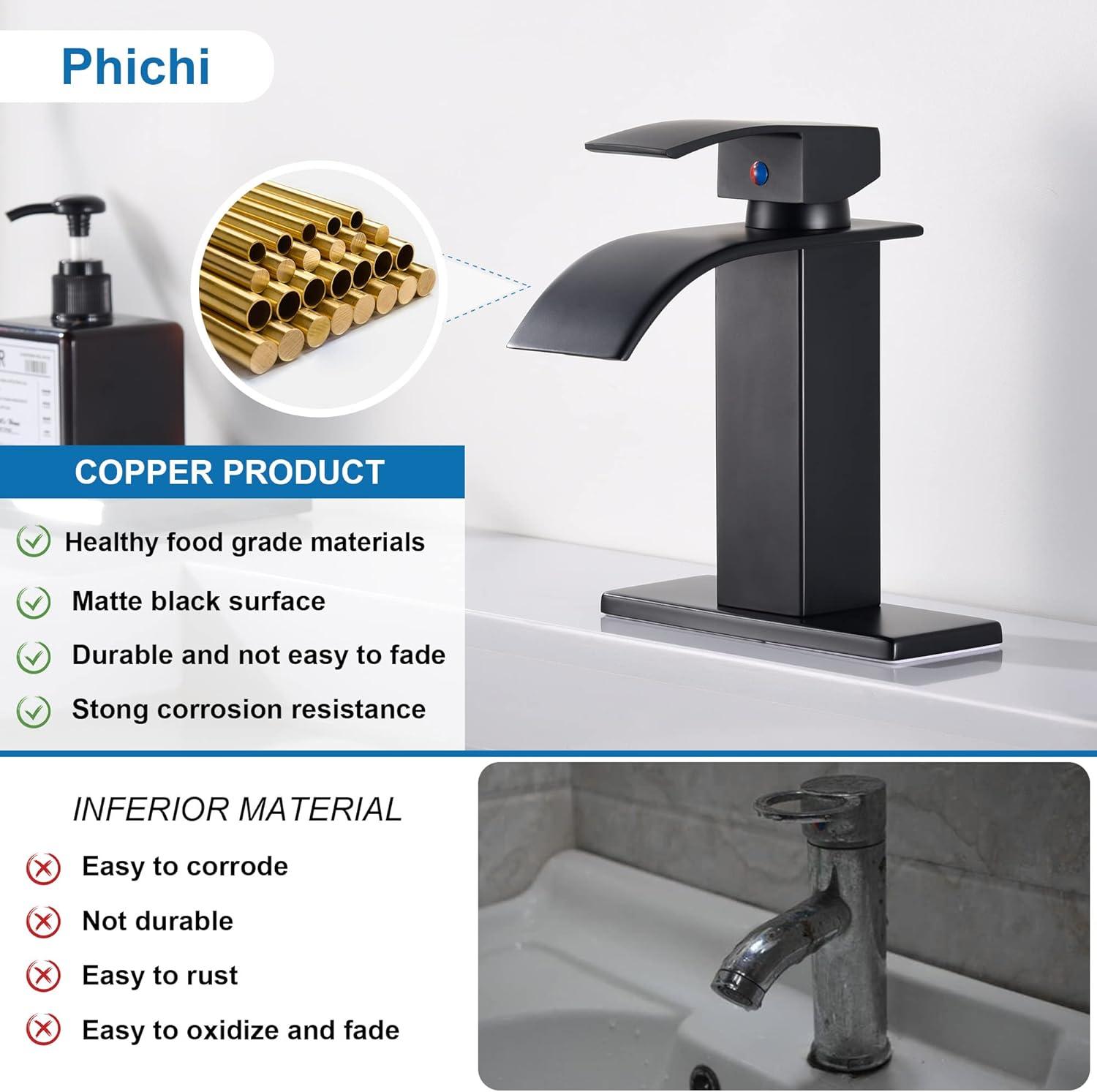 Matte Black Single Handle Waterfall Bathroom Faucet with Pop-up Drain