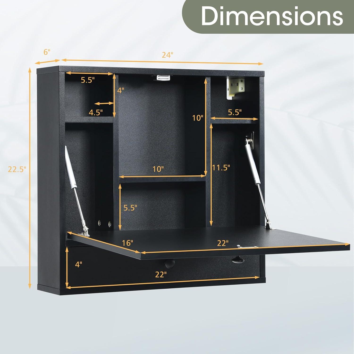 Tangkula Folding Wall Table - Floating Desk with Storage Drawer & Shelves (White)