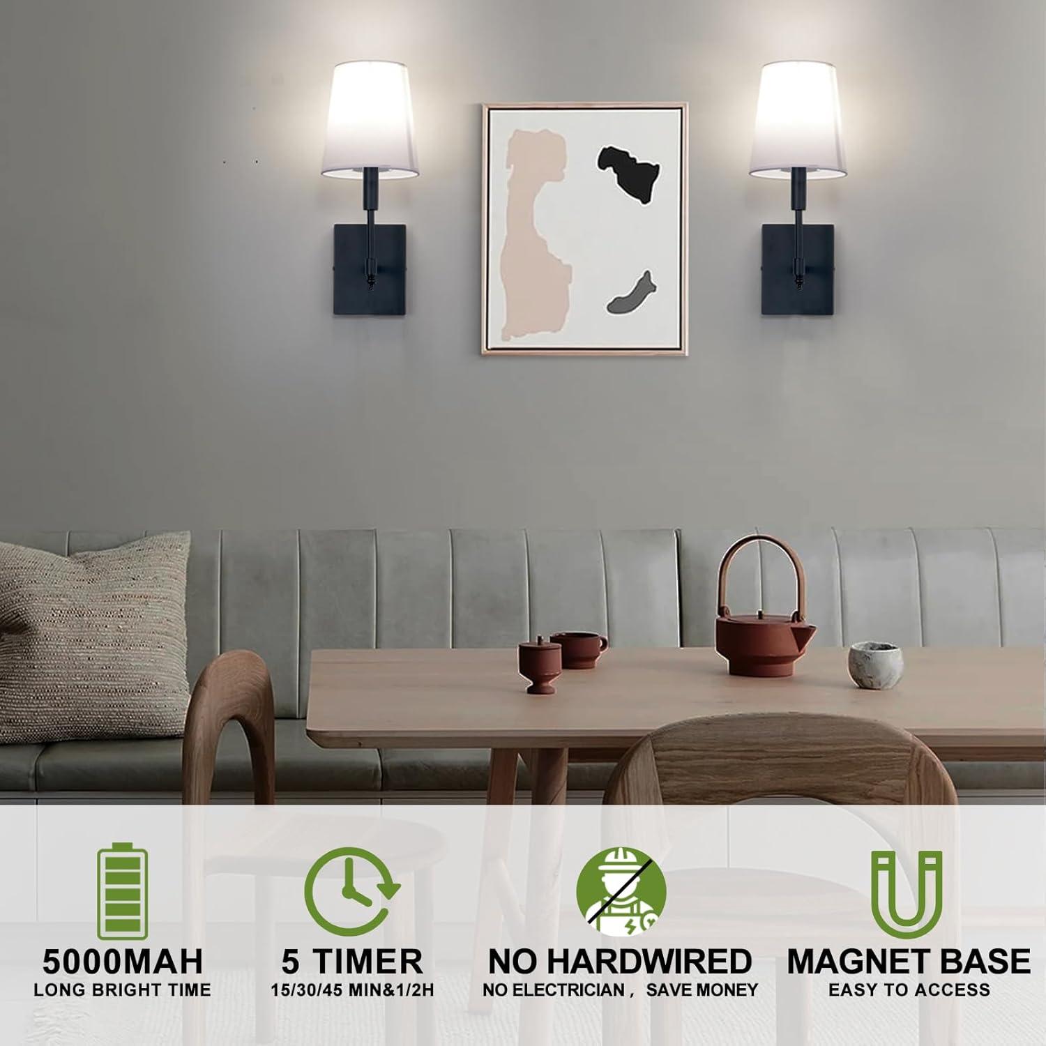 Battery Operated Black Wall Sconce Set Of 2,not Hardwired Fixture Wireless Wall Light ,dimmable Picture Sconces Cordless ,Easy To Install Battery Powered Lamp,for Bedroom, Lounge, Farmhouse Gallery