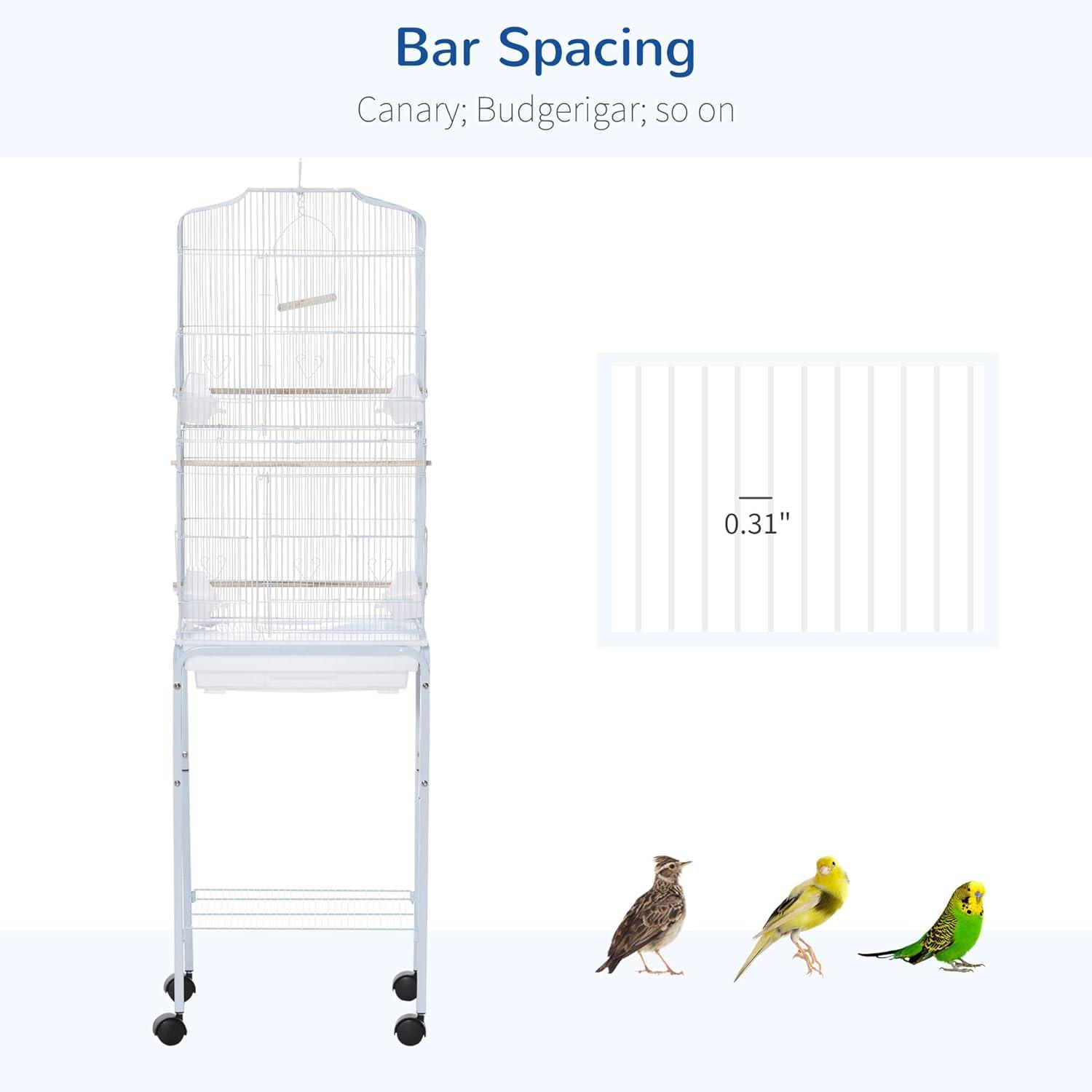 White Metal Bird Cage with Rolling Stand and Accessories