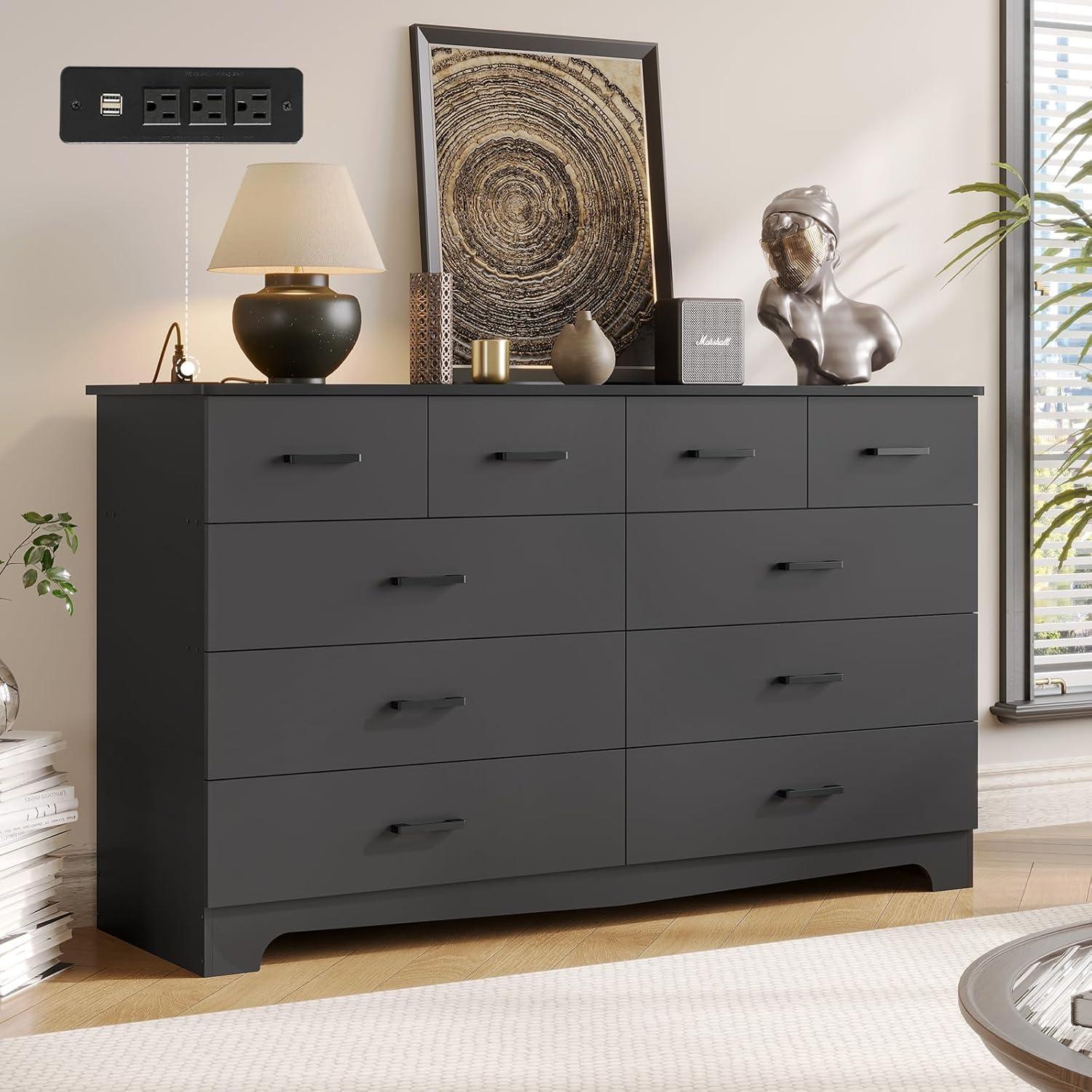 Black Wide Dresser with 10 Drawers and Power Outlets