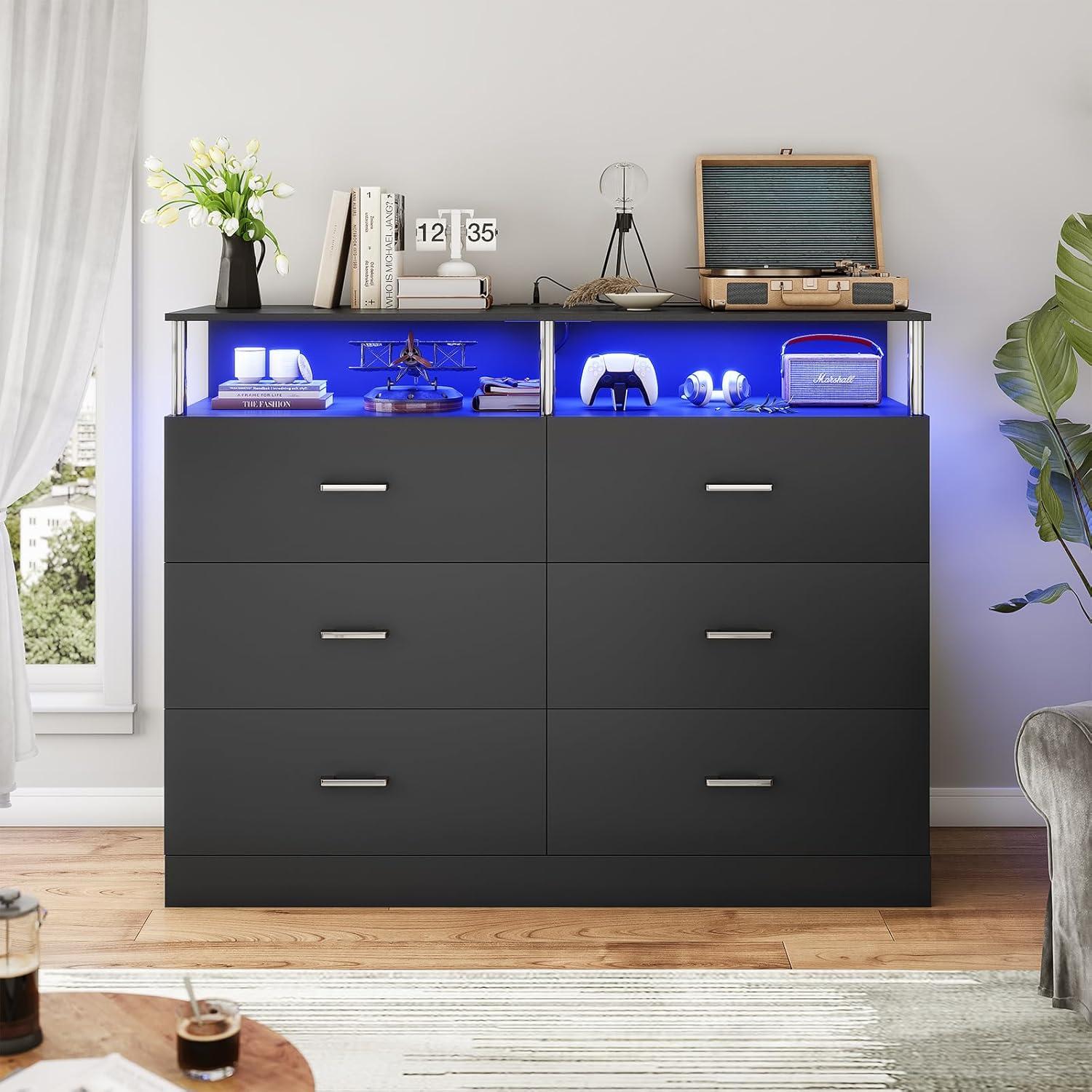 6 Drawer Dresser with Charging Station, Modern Bedroom LED Long Dresser for Bedroom, Column Design, Black