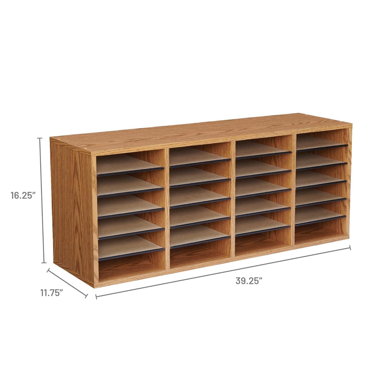 HomeStock Classic Charm Wood Adjustable Literature Organizer, 24 Compartment, Medium Oak, 11.75"D x 39.25"W x 16.25"H.