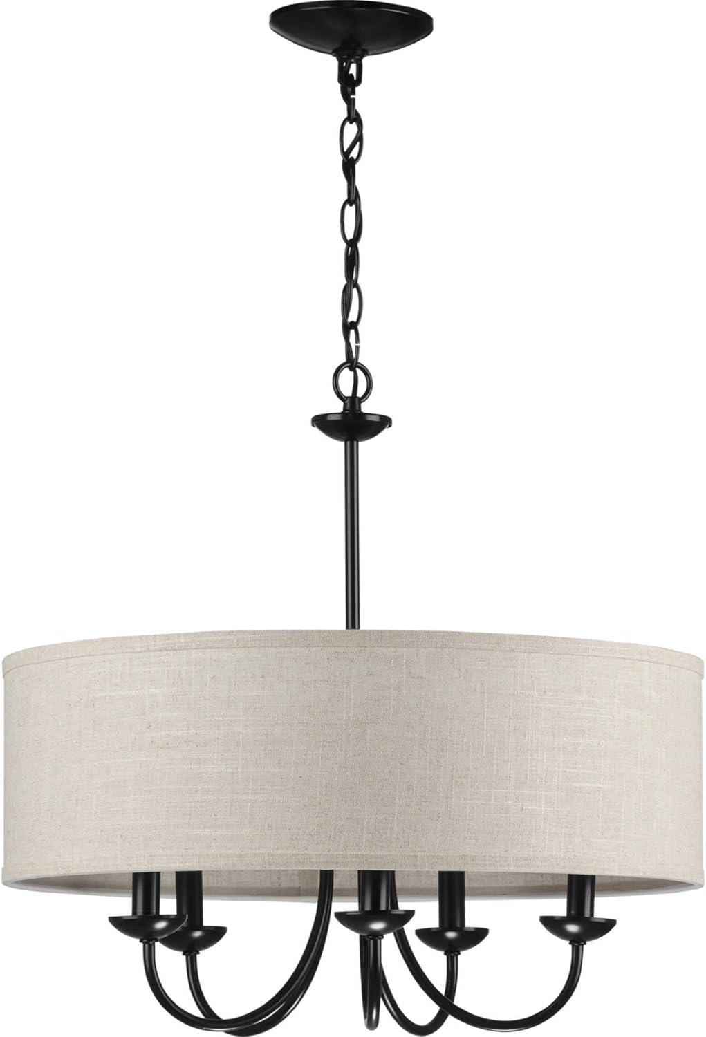 Progress Lighting, Drum Shade Collection, 5-Light Pendant, Black Finish, Harvest Linen Shade