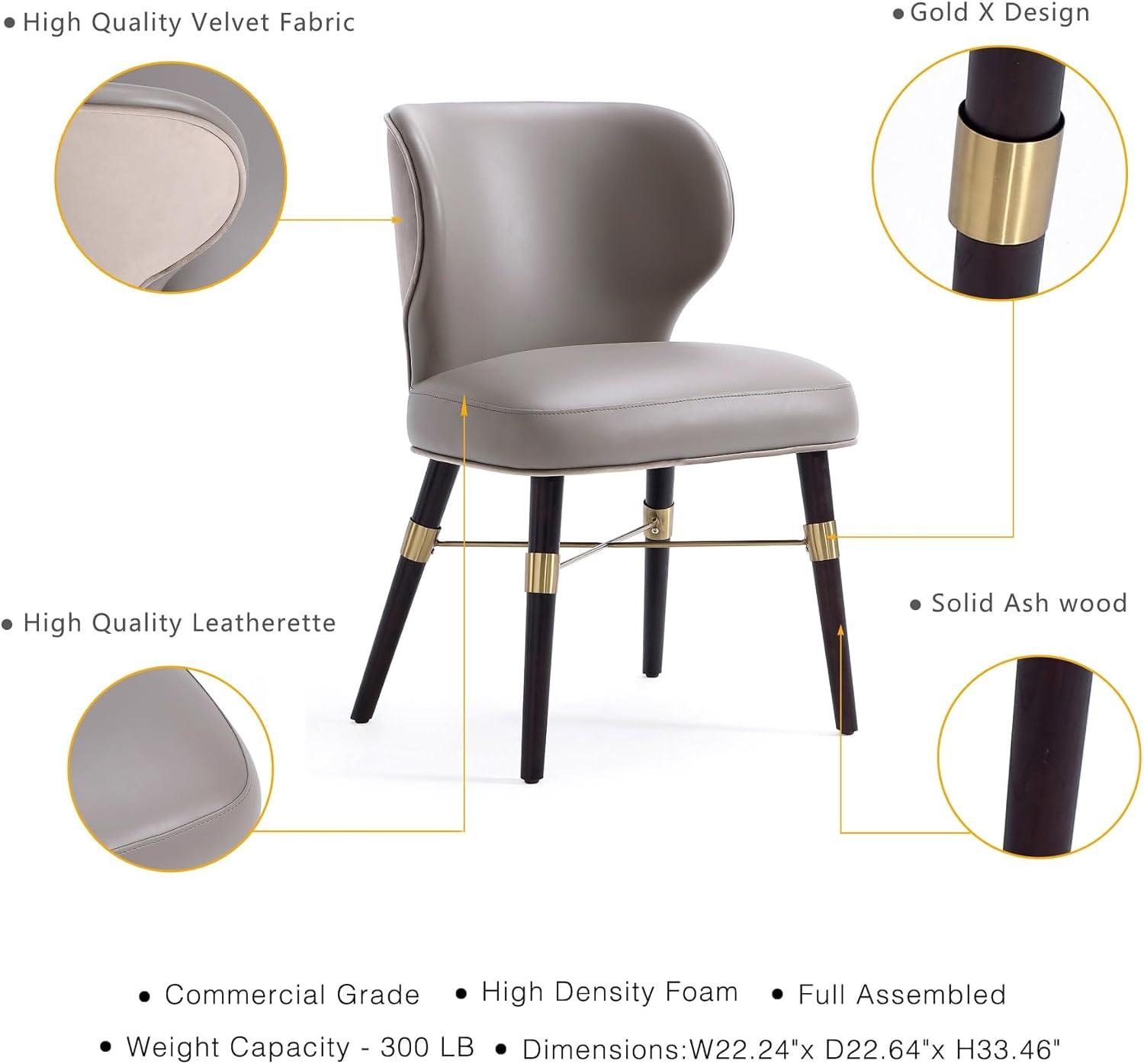 Modern Strine Dining Chair Upholstered in Velvet and Leatherette with Solid Wood Legs in Dark Taupe - Set of 2