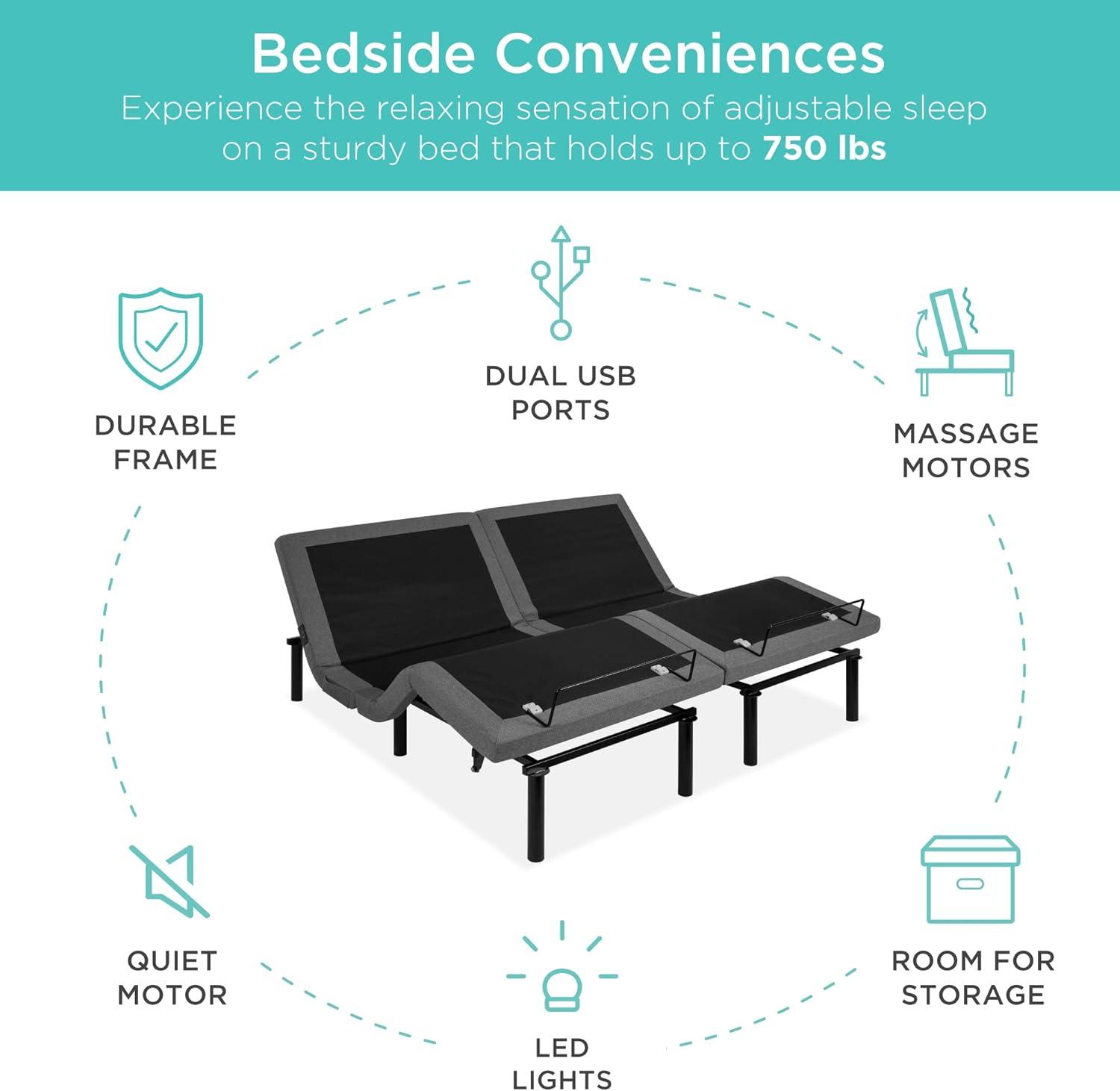 Best Choice Products Split King Size Adjustable Bed Base for Stress Management with Massage, Remote Control, USB Ports