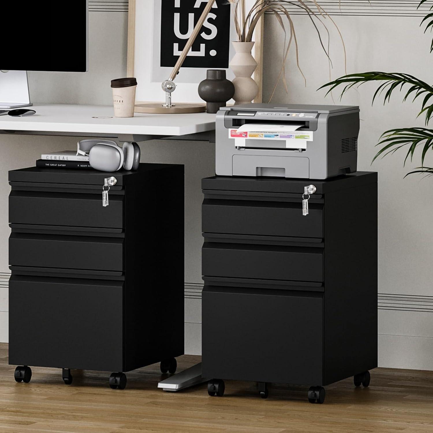 MIIIKO File Cabinet 3 Drawers on Wheels Under Desk, Black Metal Rolling File Cabinets with Lock for Home Office, Un-Assembled Filing Cabinet with Lock