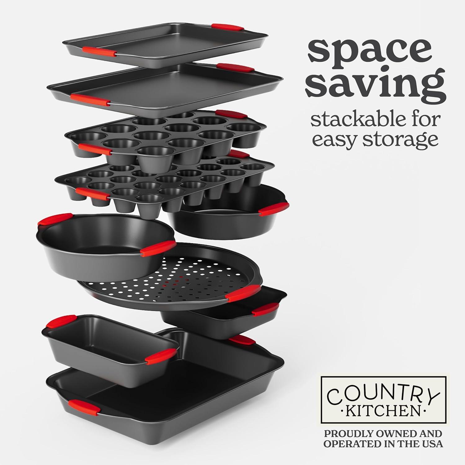 Nonstick Stackable Bakeware Set - Durable, Easy Release Baking Set, Red, 10 Pcs