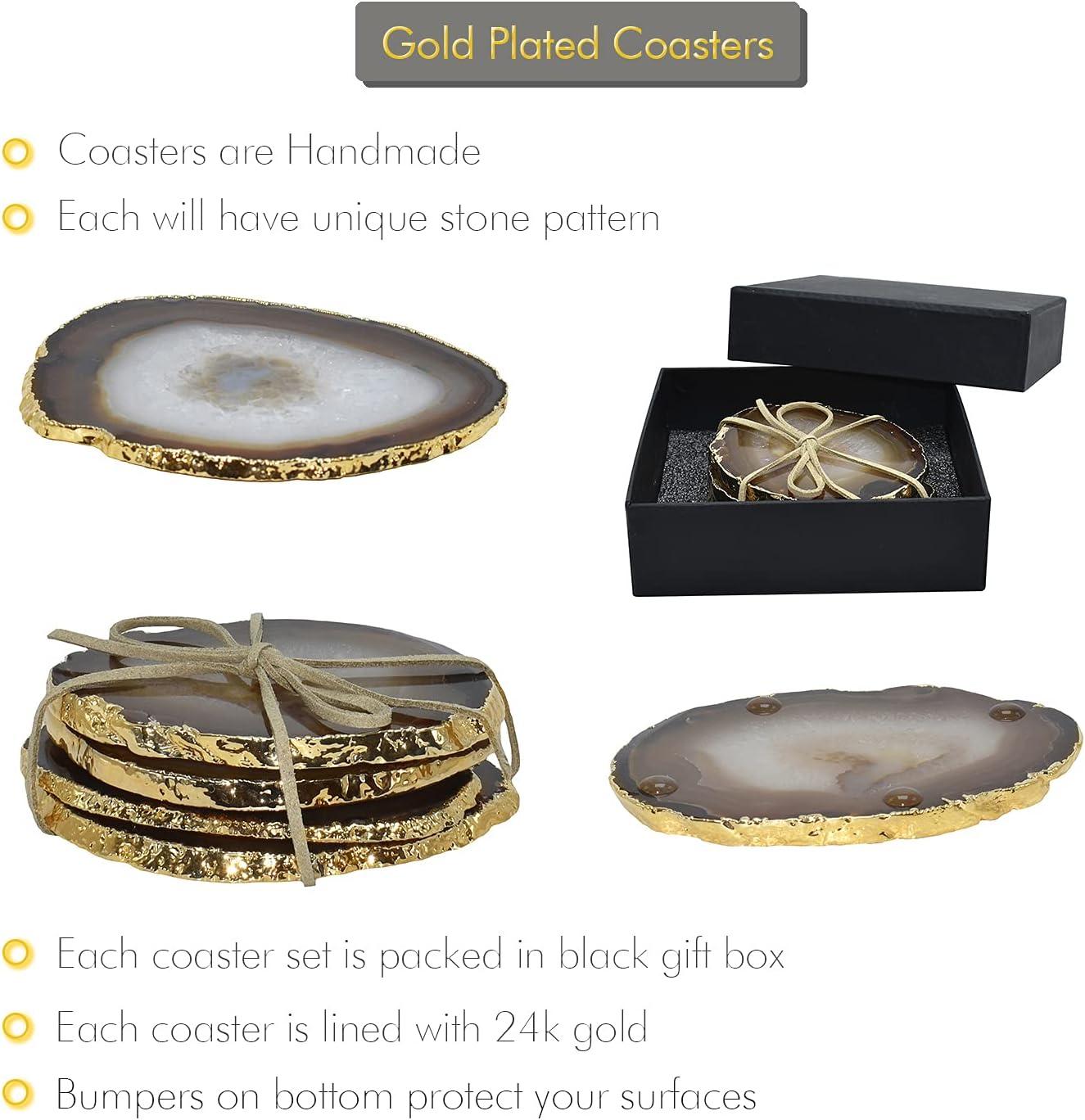 Gold Trim Natural Agate Stone Round Coasters Set of 4