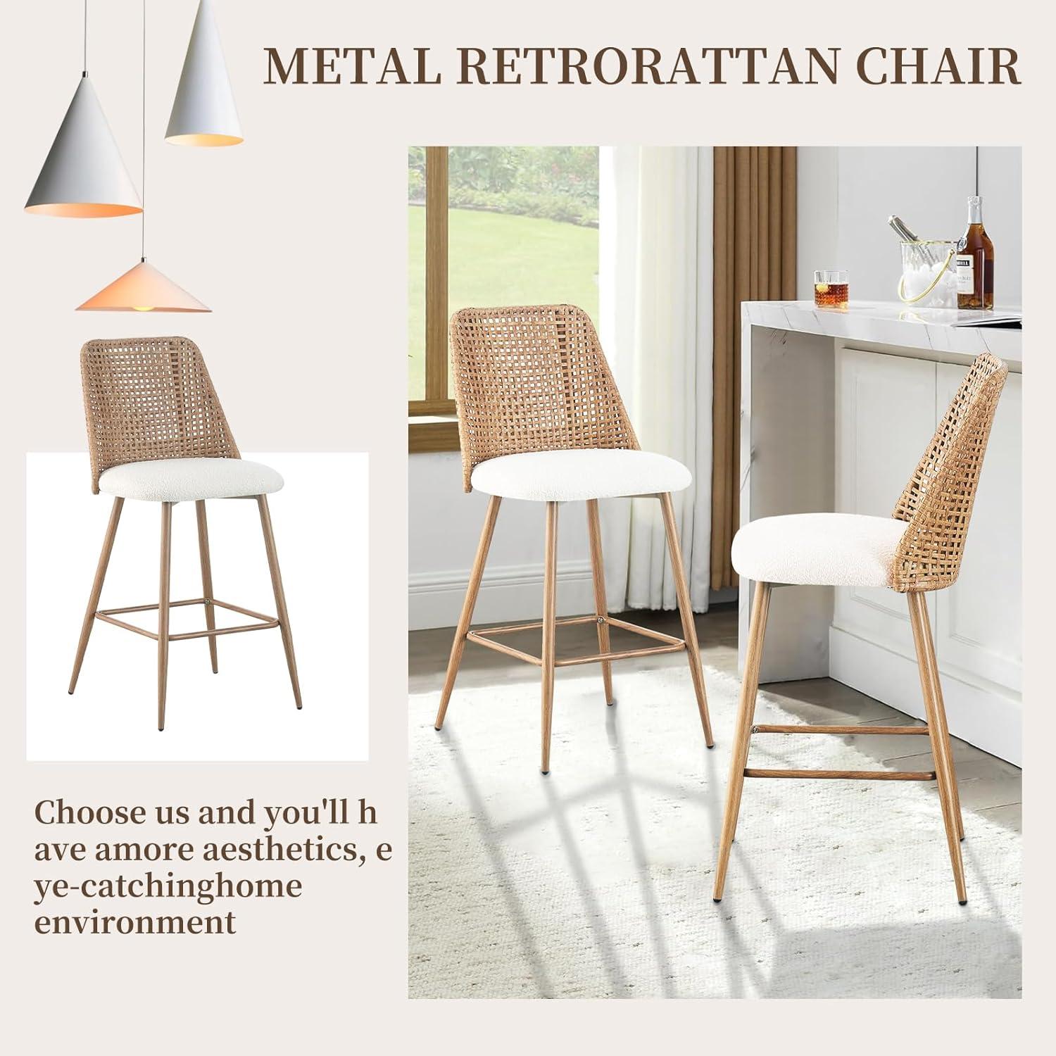 Bay Isle Home™ Rattan Counter Height Bar Stools Set Of 2, Fabric Upholstered Barstools With Pe Rattan Cane Back, Bar Chairs Counter Stools For Kitchen Island,beige White (Set of 2)