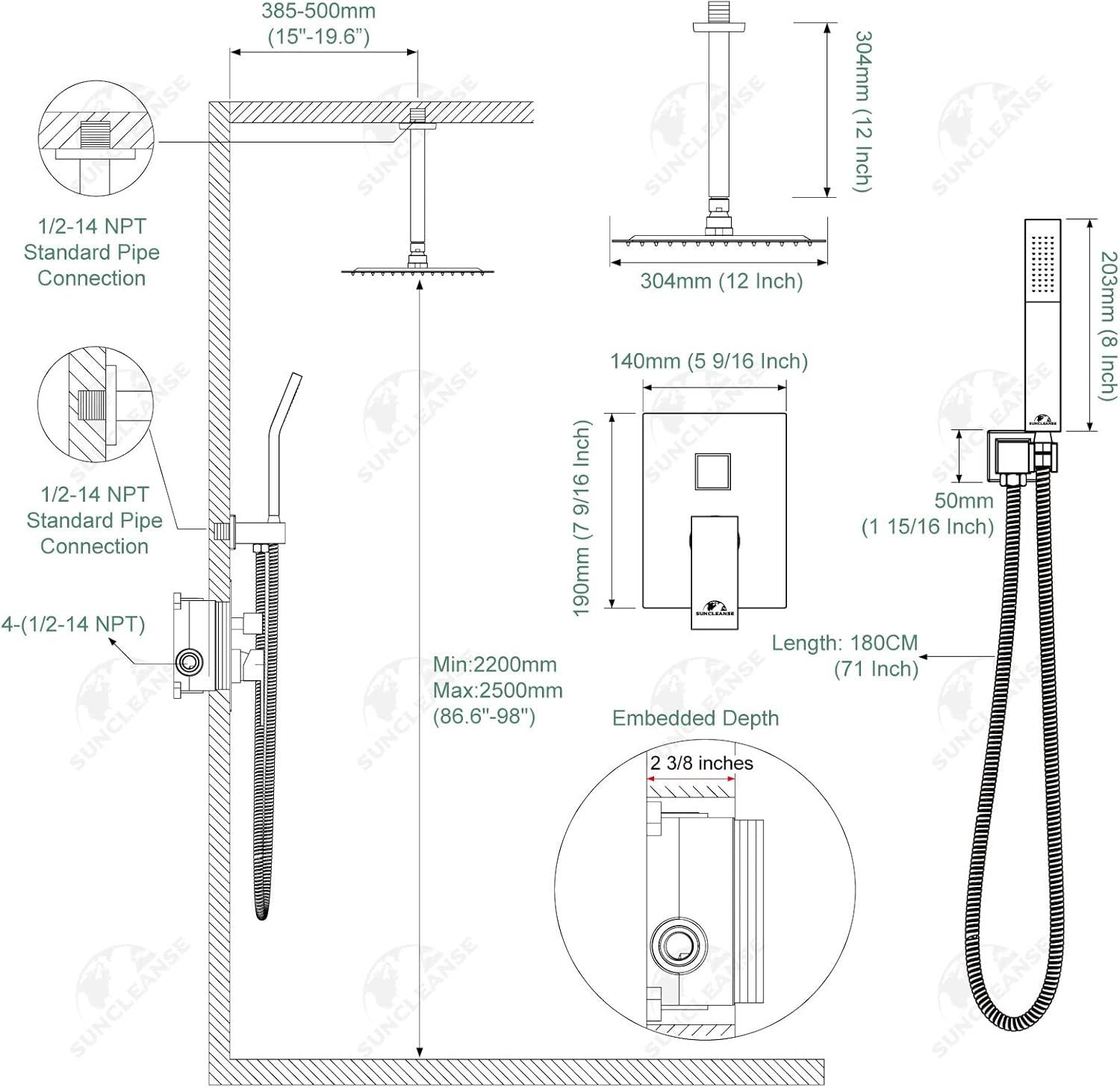 SunCleanse Rainfall Shower System Matte Black Ceiling Mounted Shower System Combo Set with High Pressure 12 Inches Square Rain Shower Head Handheld and Shower Faucet Rough-in Mixer Valve and Trim