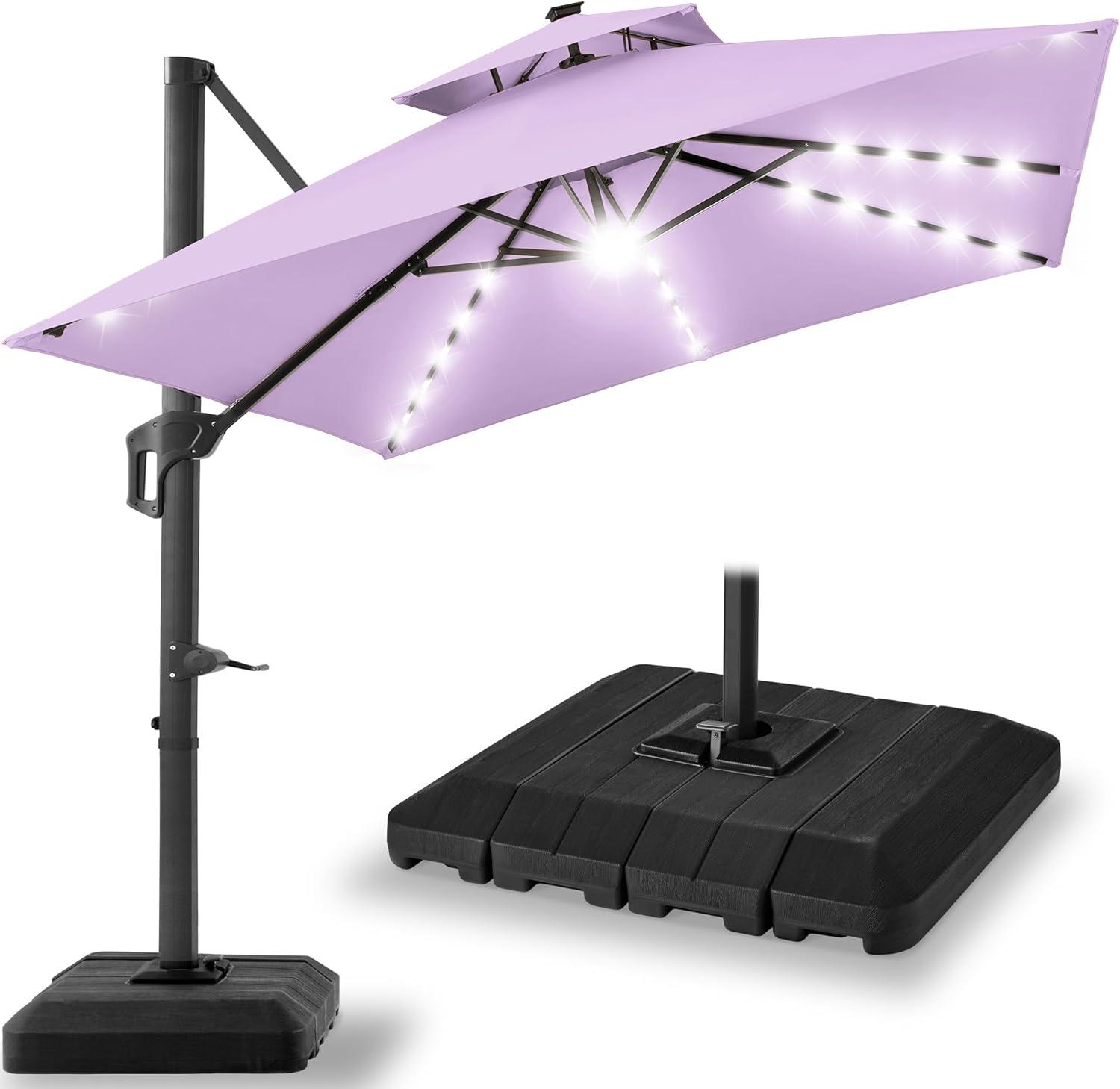Best Choice Products 10x10ft 2-Tier Square Outdoor Solar LED Cantilever Patio Umbrella w/ Base Included - Lavender