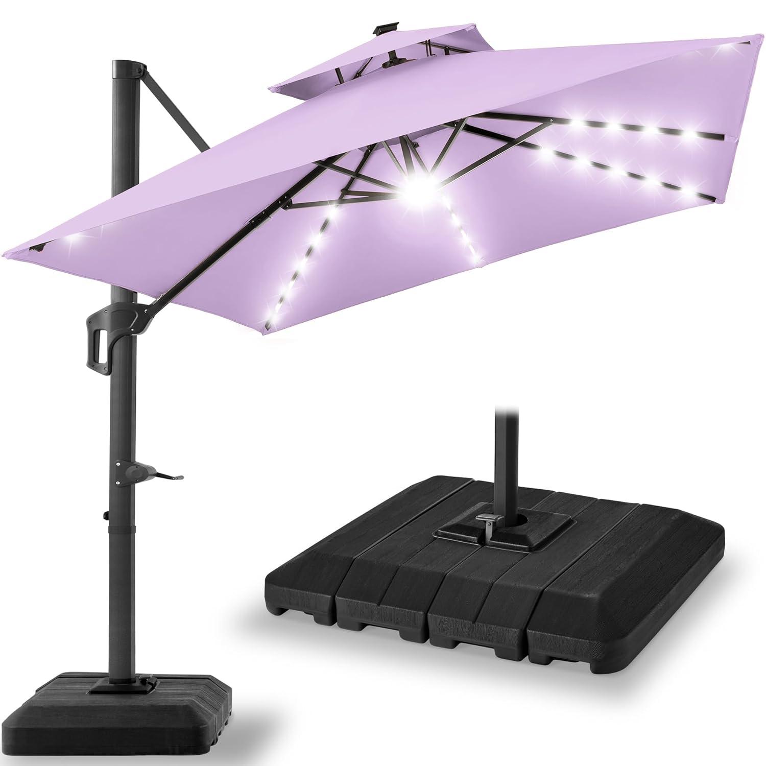 Best Choice Products 10x10ft 2-Tier Square Outdoor Solar LED Cantilever Patio Umbrella w/ Base Included - Lavender