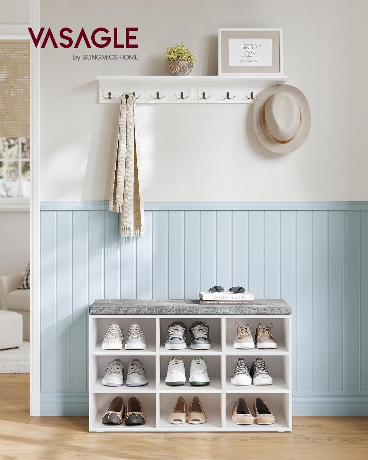 9-Compartment Adjustable Shelves Storage Bench with Cushion, White and Gray
