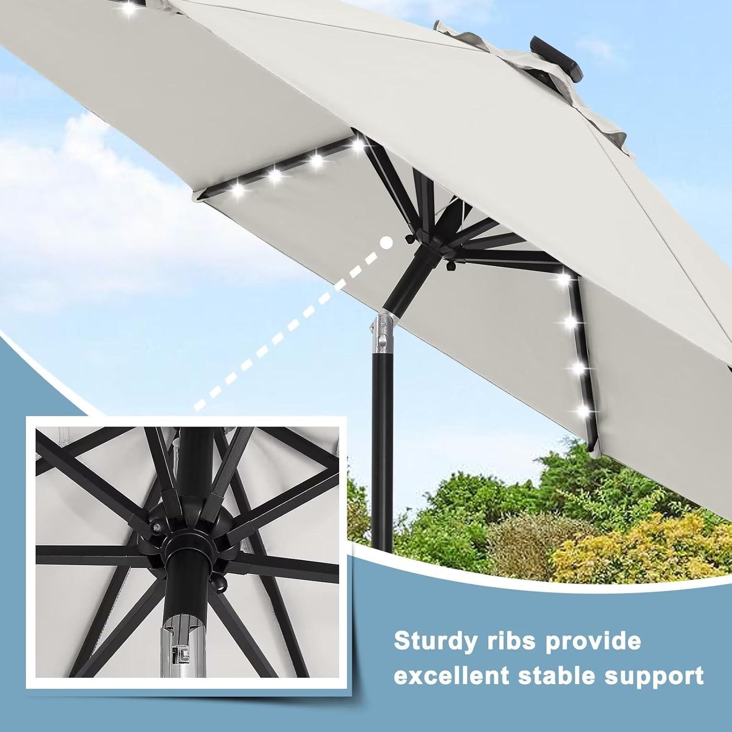 7.5FT Light Beige Solar LED Patio Umbrella with Aluminum Frame