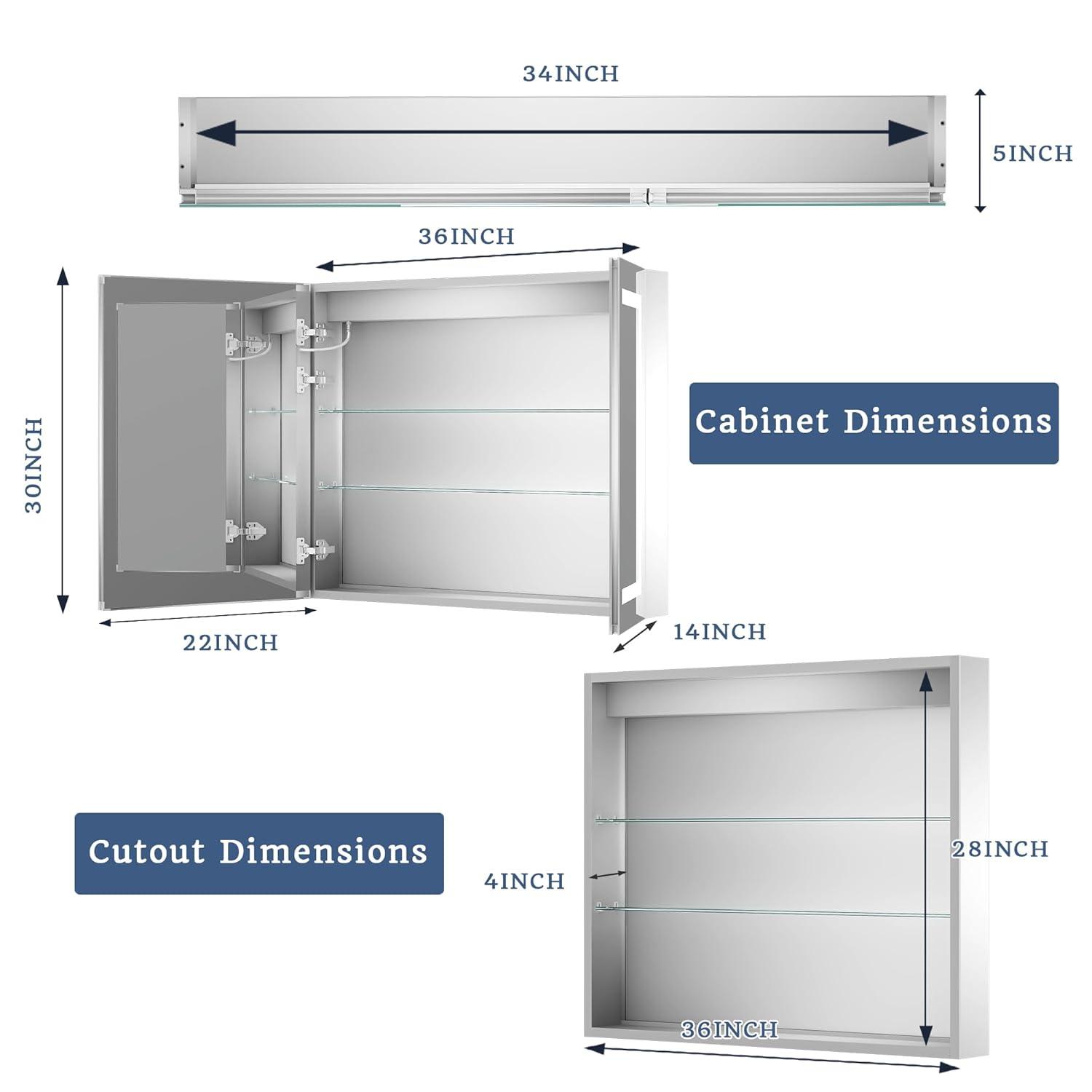 ExBrite Lighted Medicine Cabinet 36x30 Inch,Recessed or Surface led Medicine Cabinet, Three Glass Shelves,Defog,Stepless Dimming,Medicine Cabinet with Lights 3-Color Temper Change, Outlets & USBs