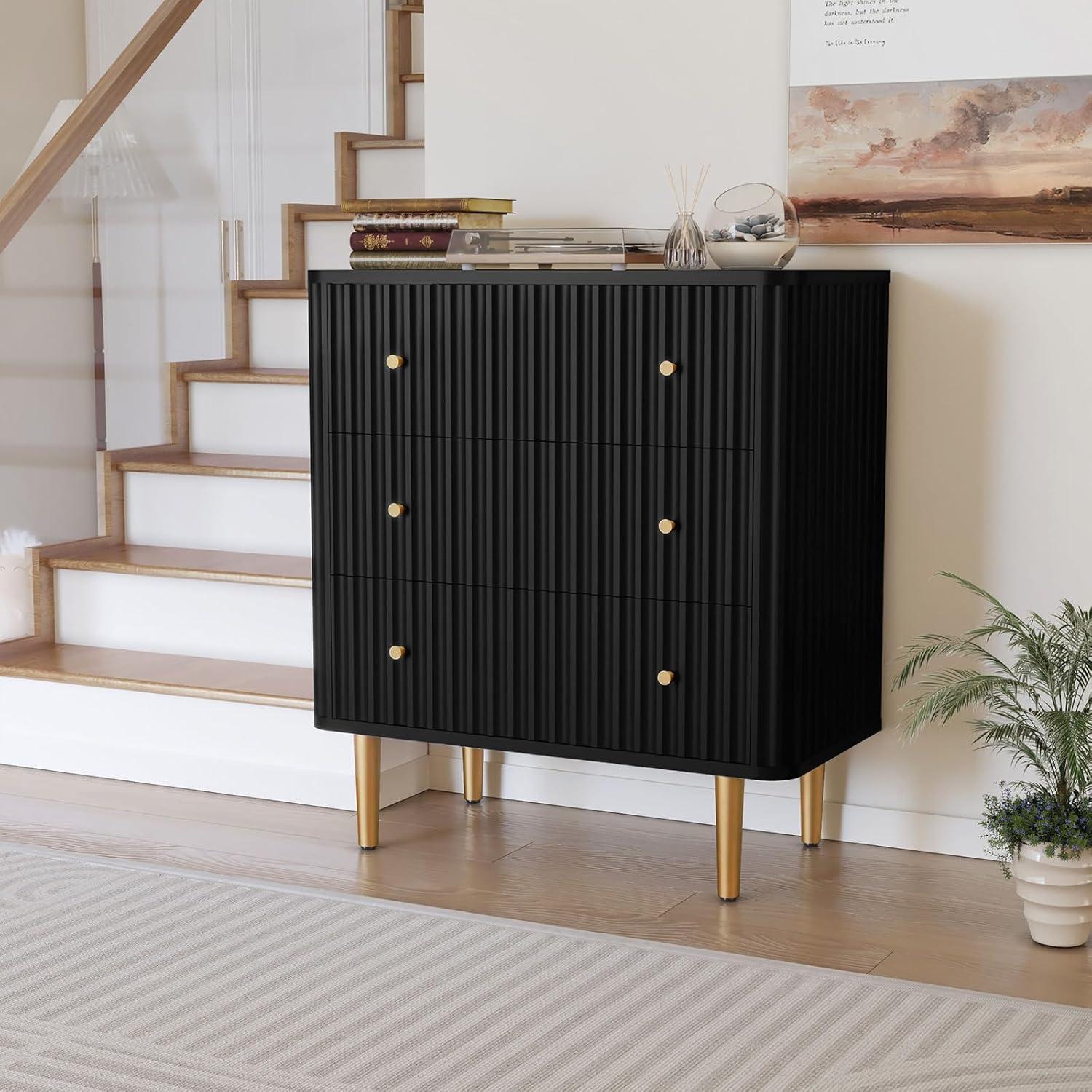 Black Vertical 3-Drawer Dresser with Gold Legs