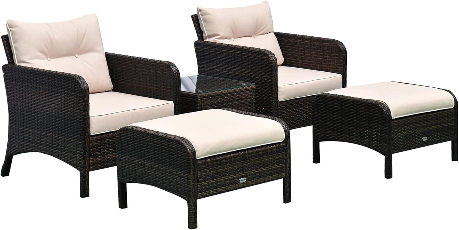 Outsunny 5 Piece Rattan Wicker Lounge Chair, Outdoor Patio Conversation Set with 2 Cushioned Chairs, 2 Ottomans & Tempered Glass Top Coffee Table