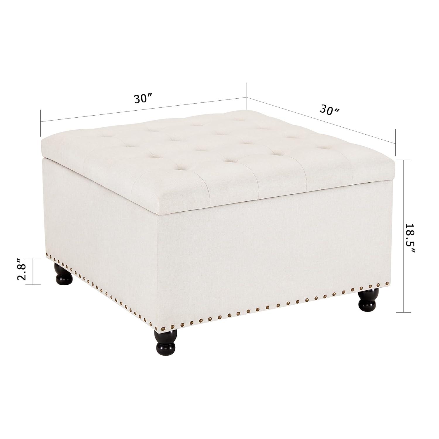 Tbfit Large Square Storage Ottoman Bench, Botton Tufted Upholstered Coffee Table with Wooden Legs, Oversized Storage Ottomans Toy Box Footrest for Living Room, Apartment, Beige