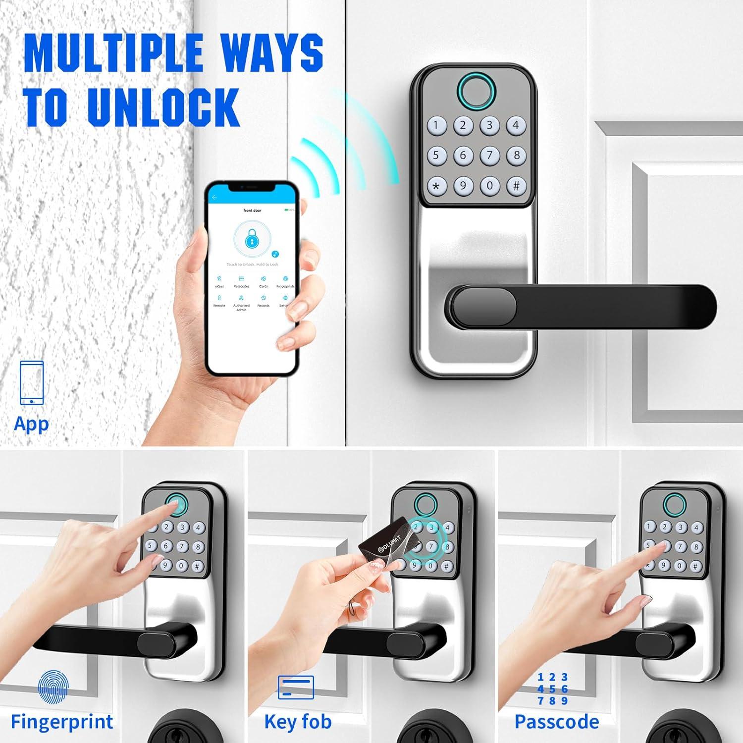 Smart Lock with Handle: Wi-Fi Keyless Entry Door Lock - Smart Locks for Front Door - Biometric Fingerprint Door Lock - Smart Door Lock with Keypad - Garage Door with App Control - Auto Lock