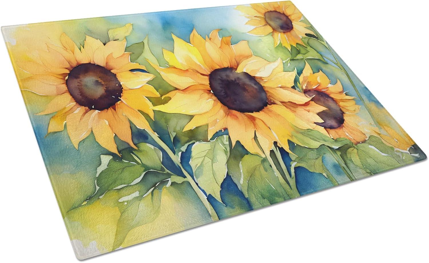 Sunflowers in Watercolor Glass Cutting Board Large