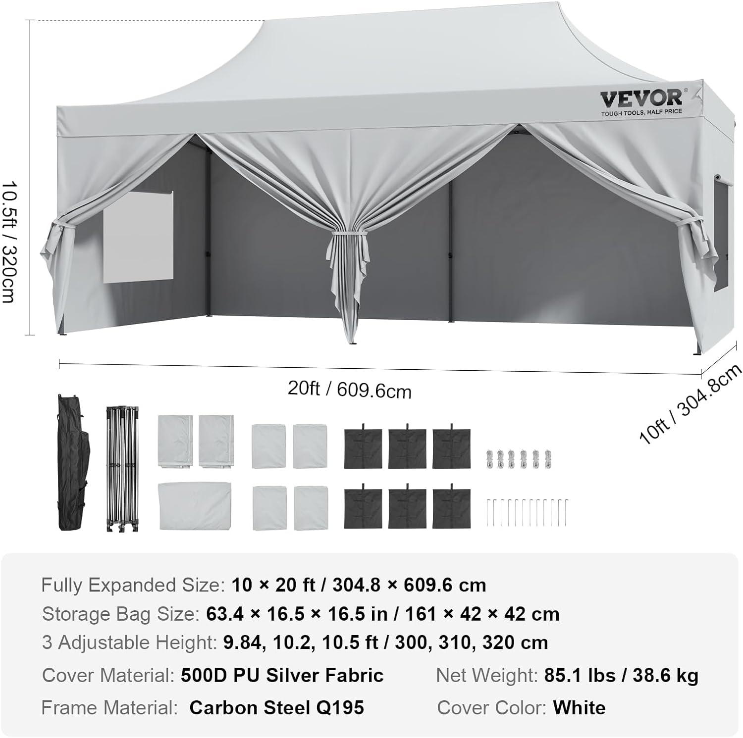 VEVOR 10x20 FT White Pop Up Canopy Tent with Removable Sidewalls