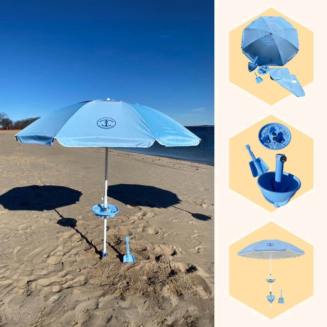 Anchor Works: Classic Beach Umbrella & AnchorONE Kit – Sky Blue - 7.5ft, Carry Bag, Sand Shovel & Drink Tray, UV-Protected, Outdoor Sun Canopy