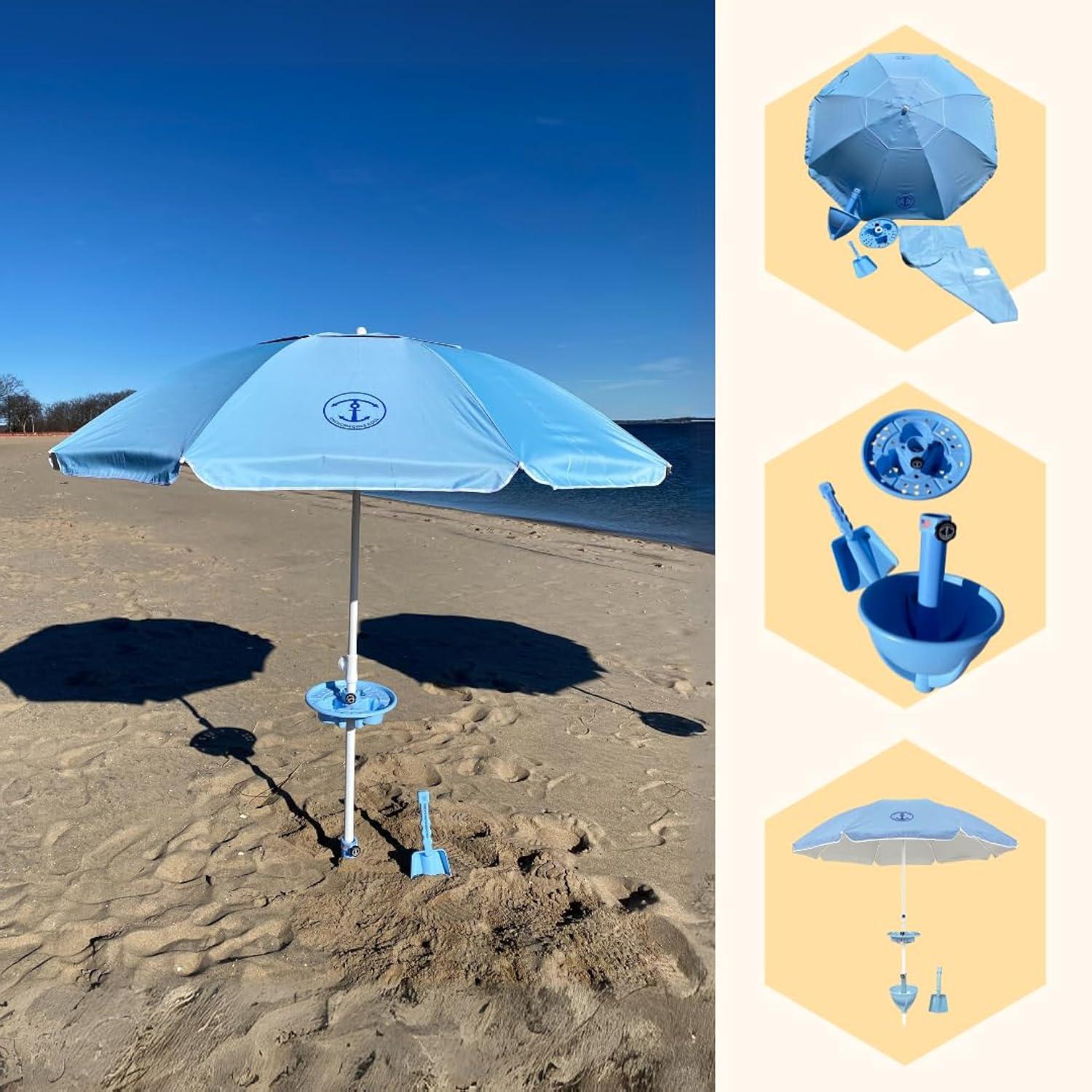 Anchor Works: Classic Beach Umbrella & AnchorONE Kit – Sky Blue - 7.5ft, Carry Bag, Sand Shovel & Drink Tray, UV-Protected, Outdoor Sun Canopy