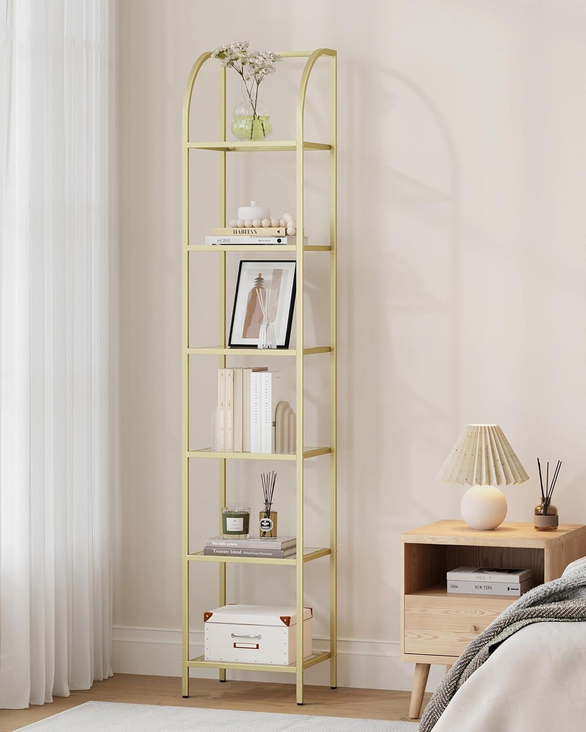 Mercer41 Bookcase Bookshelf, Tempered Glass Arched Bookshelf For More Storage, Slim Shelving Unit For Bedroom, Bathroom, Home Office, Steel Frame, 6 Tier Gold