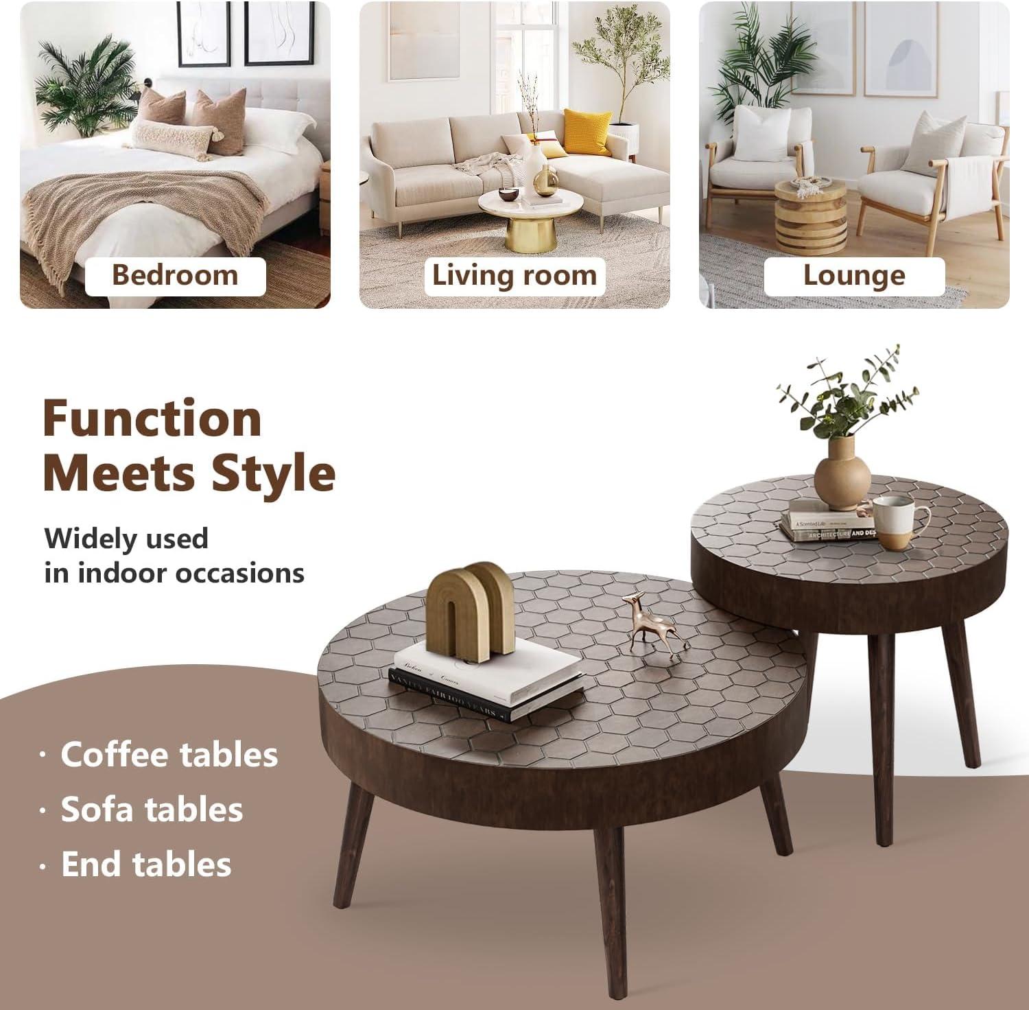 Brown Honeycomb Pattern Round Wood Nesting Coffee Table Set