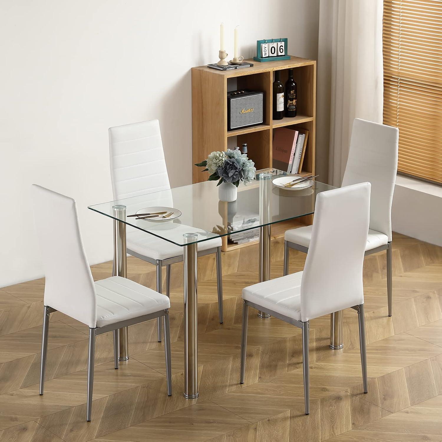 Modern Glass Dining Table Set with White Faux Leather Chairs