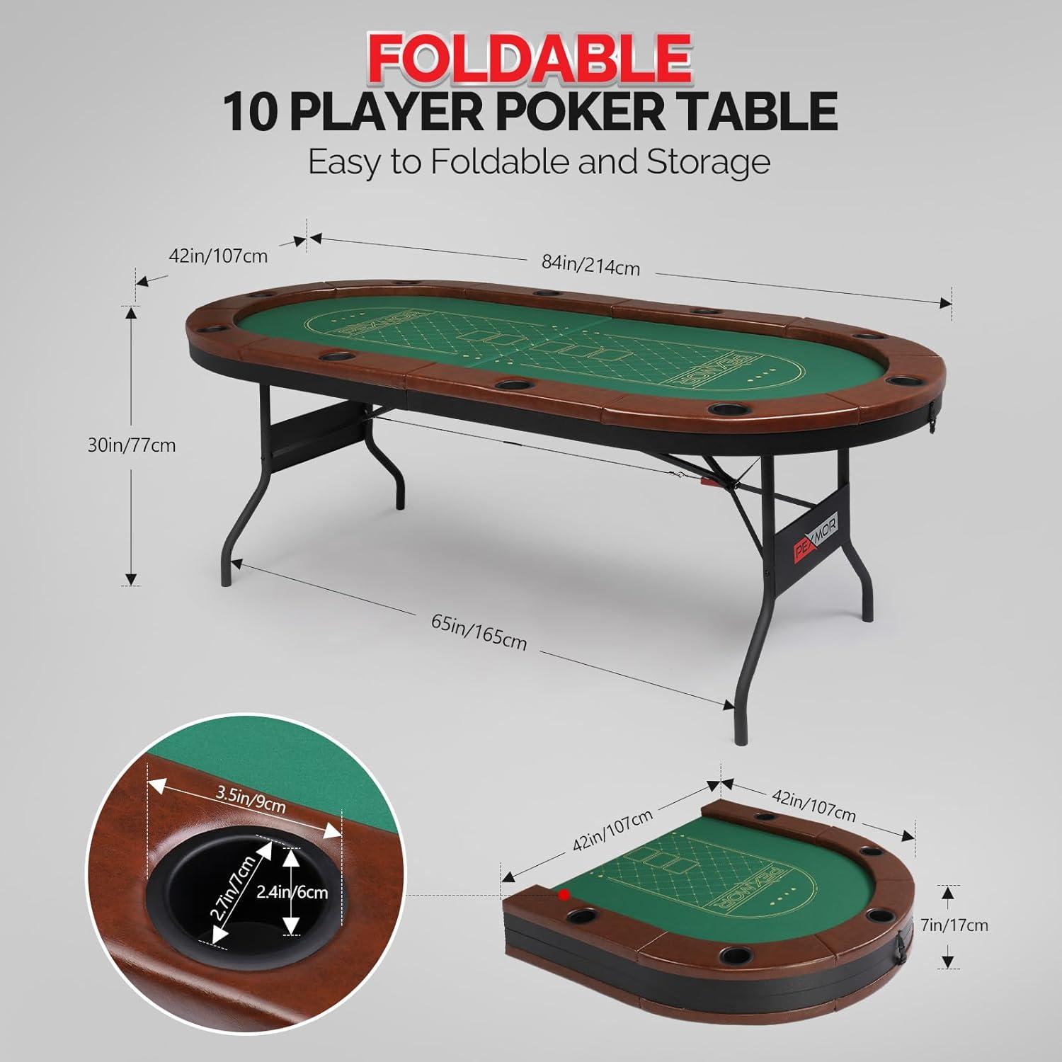 10 Player Foldable Poker Table with Cup Holders, Portable Texas Blackjack Holdem Poker Table with Chip Tray, Folding Casino Leisure Card Board Game Table with Padded Rails, Stylish Green Design