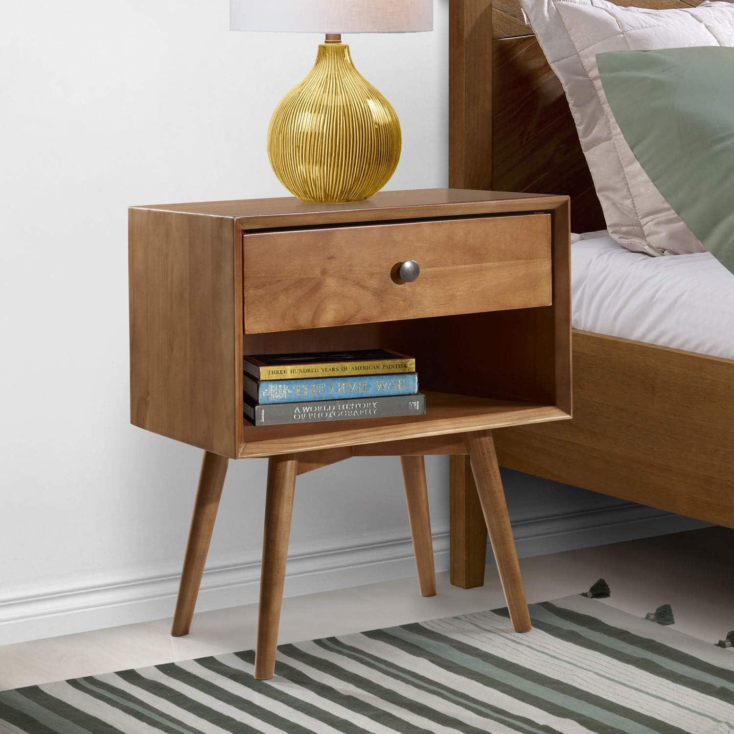 Mid-Century Caramel Solid Pine Nightstand with Antique Metal Hardware